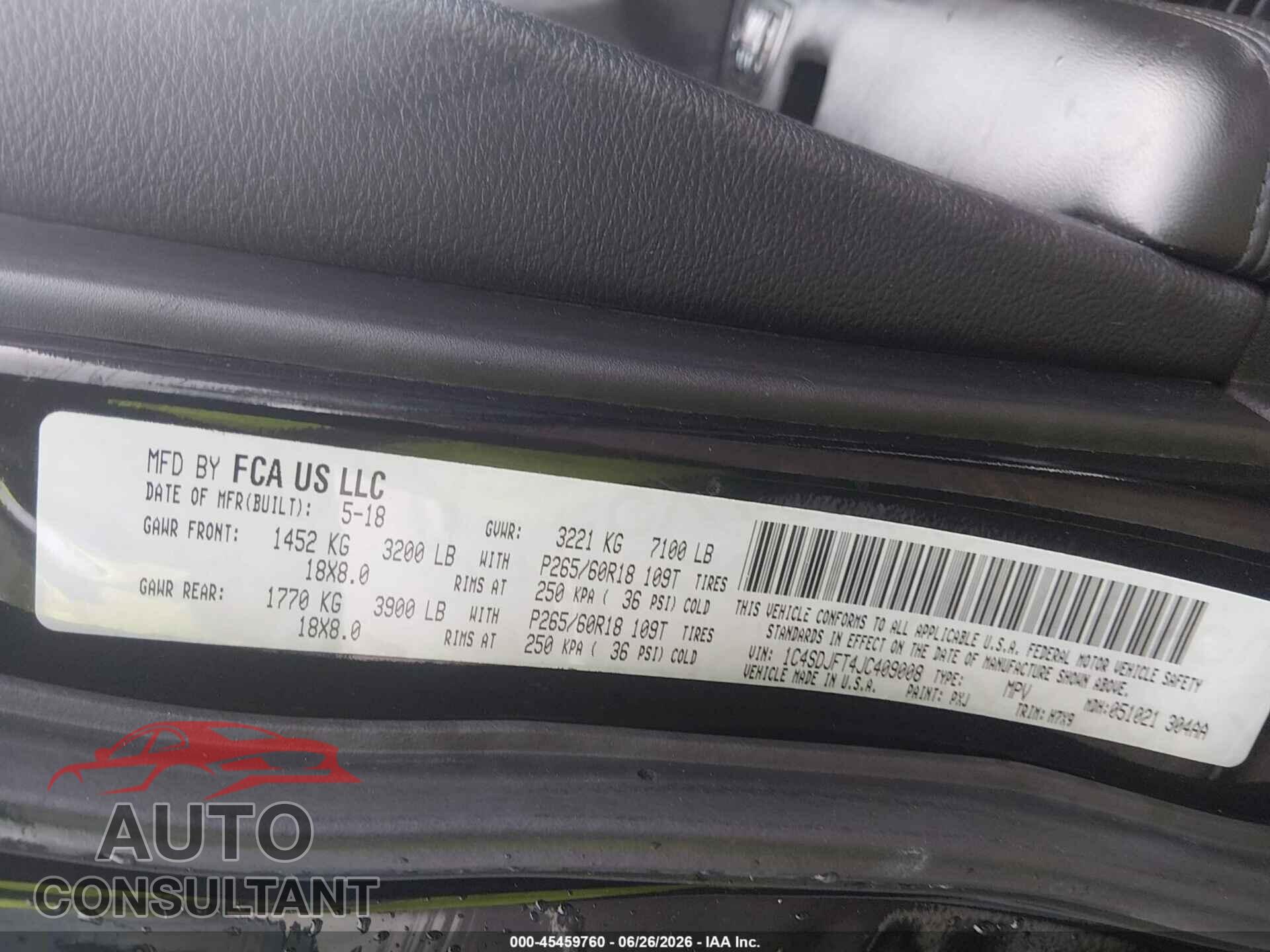 DODGE DURANGO 2018 - 1C4SDJFT4JC409008