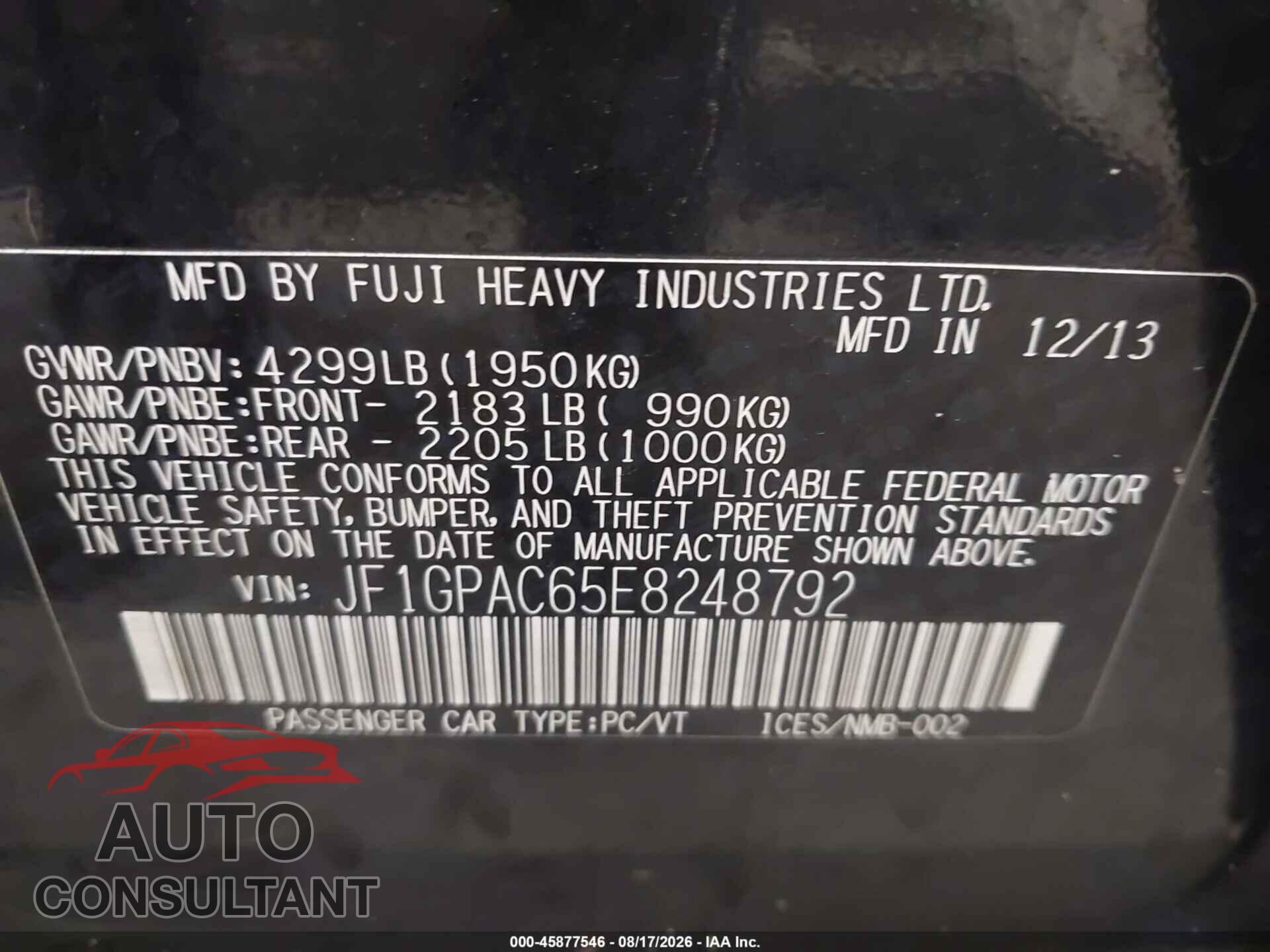 SUBARU IMPREZA 2014 - JF1GPAC65E8248792