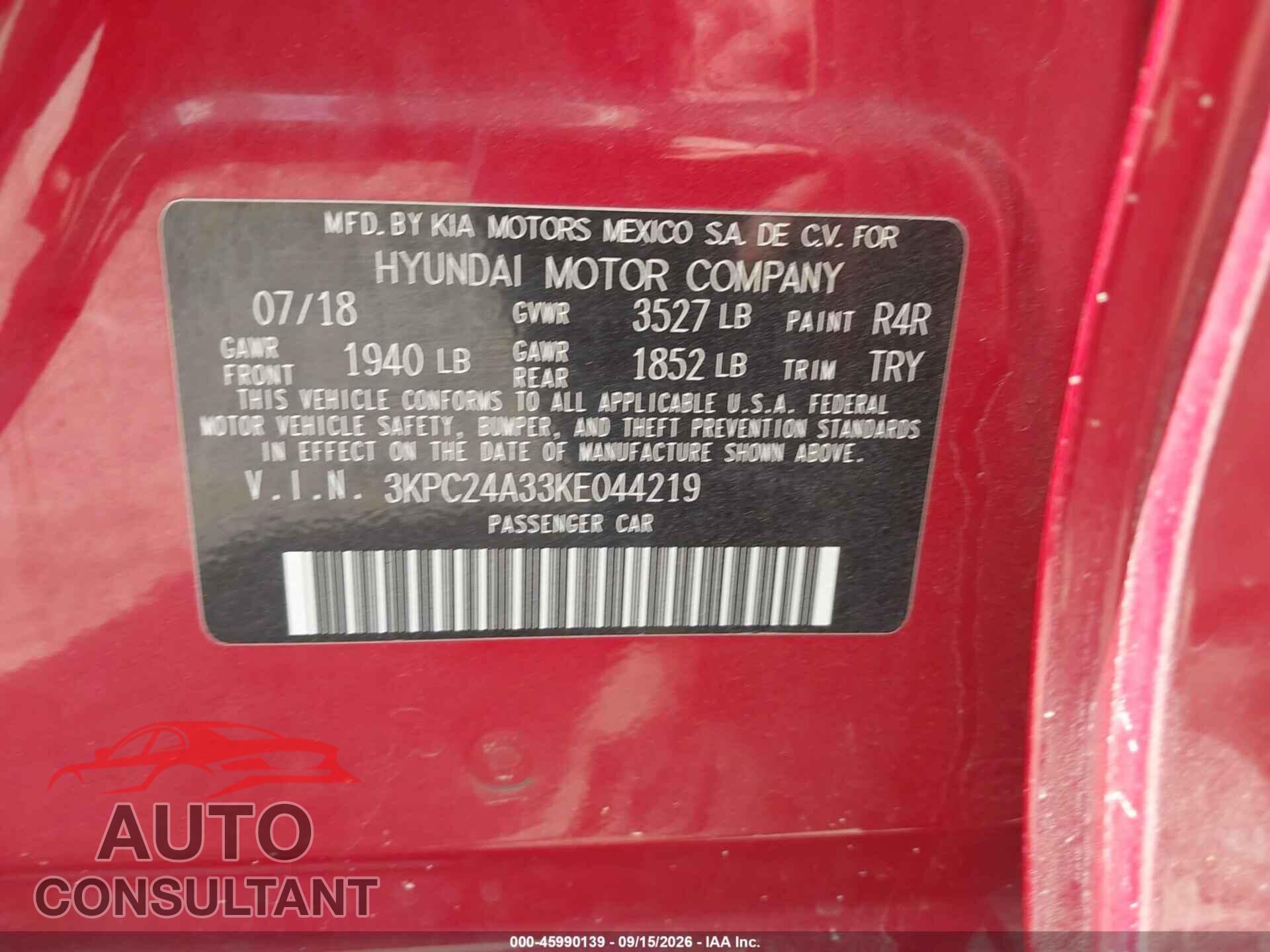HYUNDAI ACCENT 2019 - 3KPC24A33KE044219