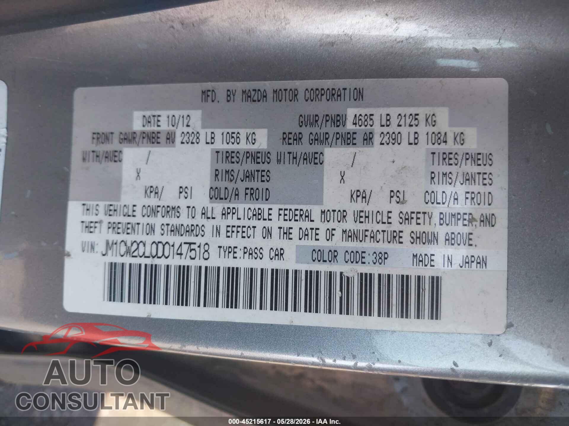MAZDA MAZDA5 2013 - JM1CW2CL0D0147518
