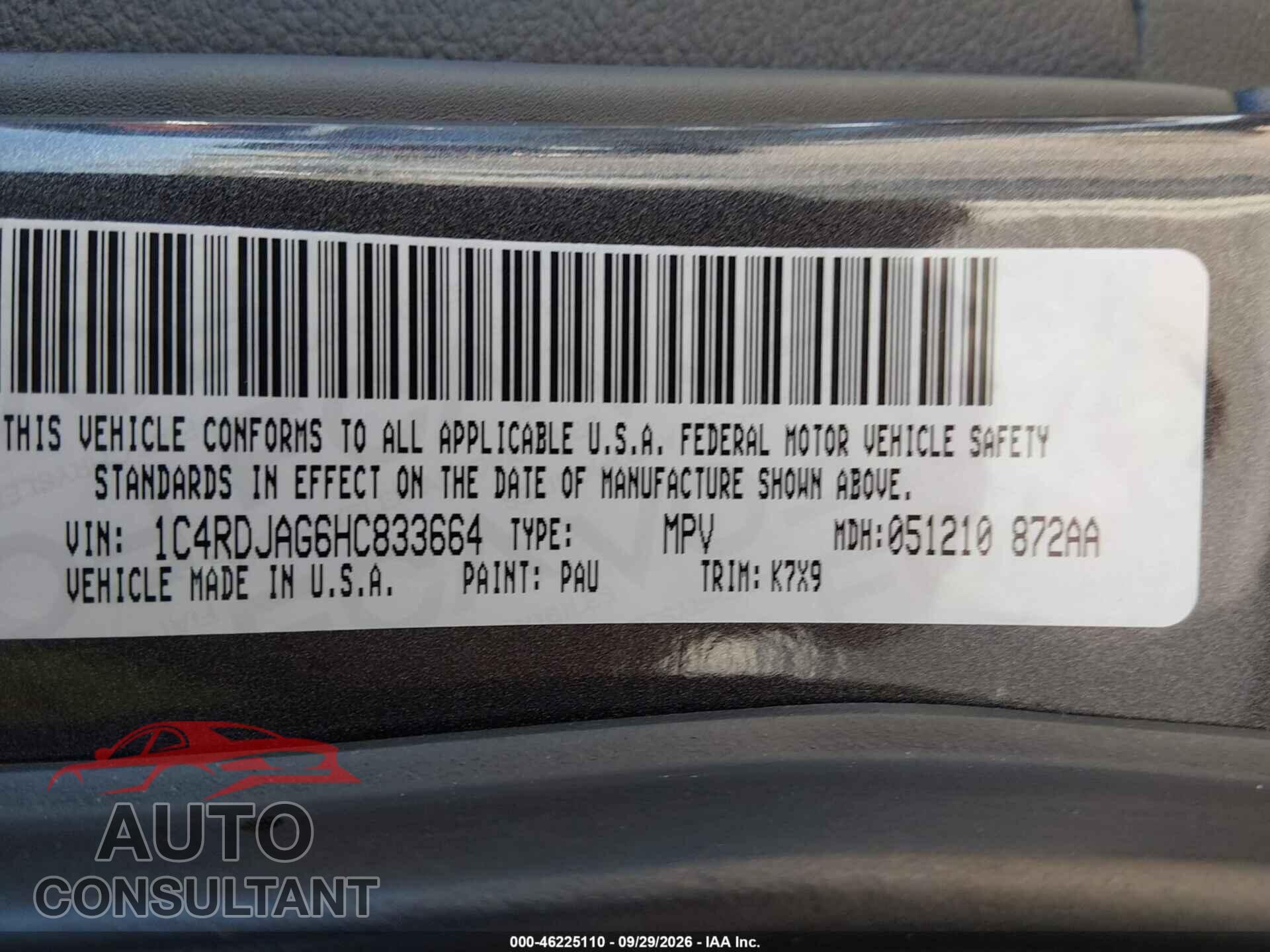 DODGE DURANGO 2017 - 1C4RDJAG6HC833664