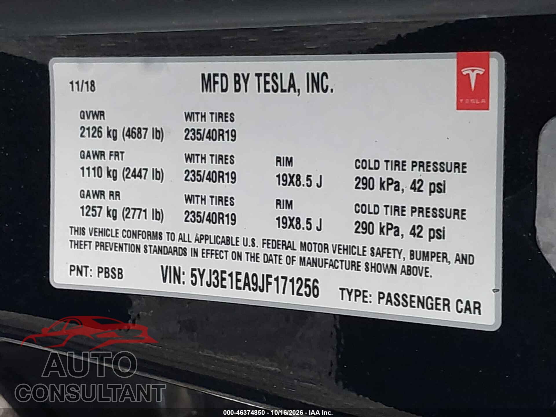 TESLA MODEL 3 2018 - 5YJ3E1EA9JF171256