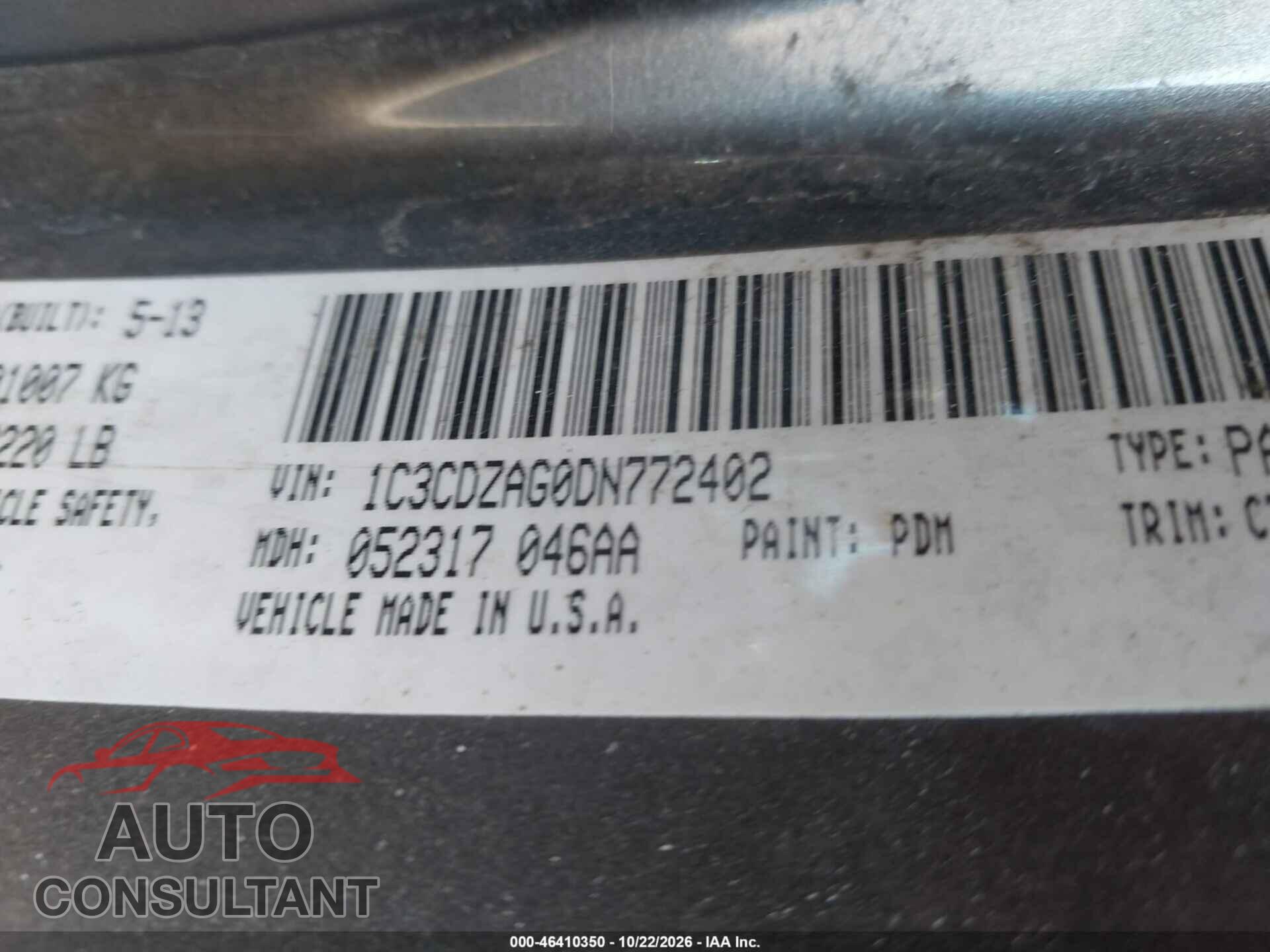 DODGE AVENGER 2013 - 1C3CDZAG0DN772402