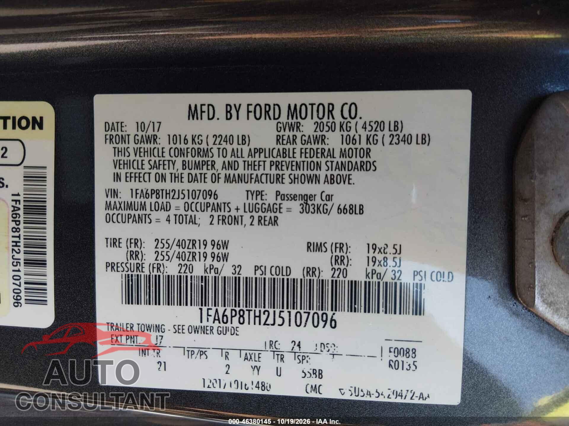 FORD MUSTANG 2018 - 1FA6P8TH2J5107096