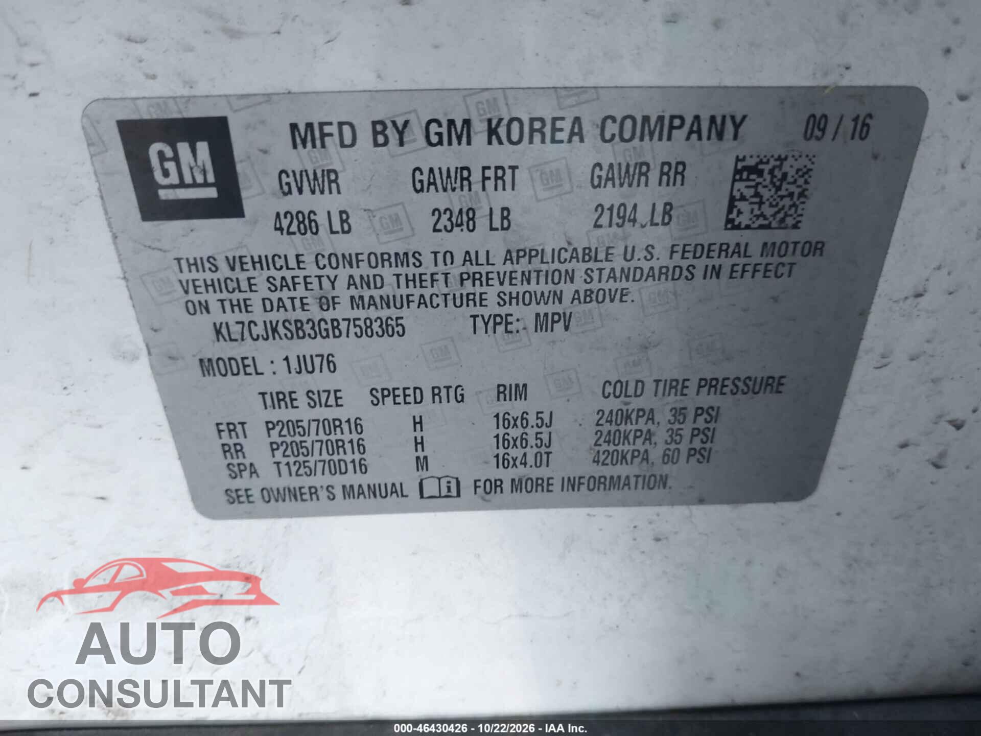 CHEVROLET TRAX 2016 - KL7CJKSB3GB758365