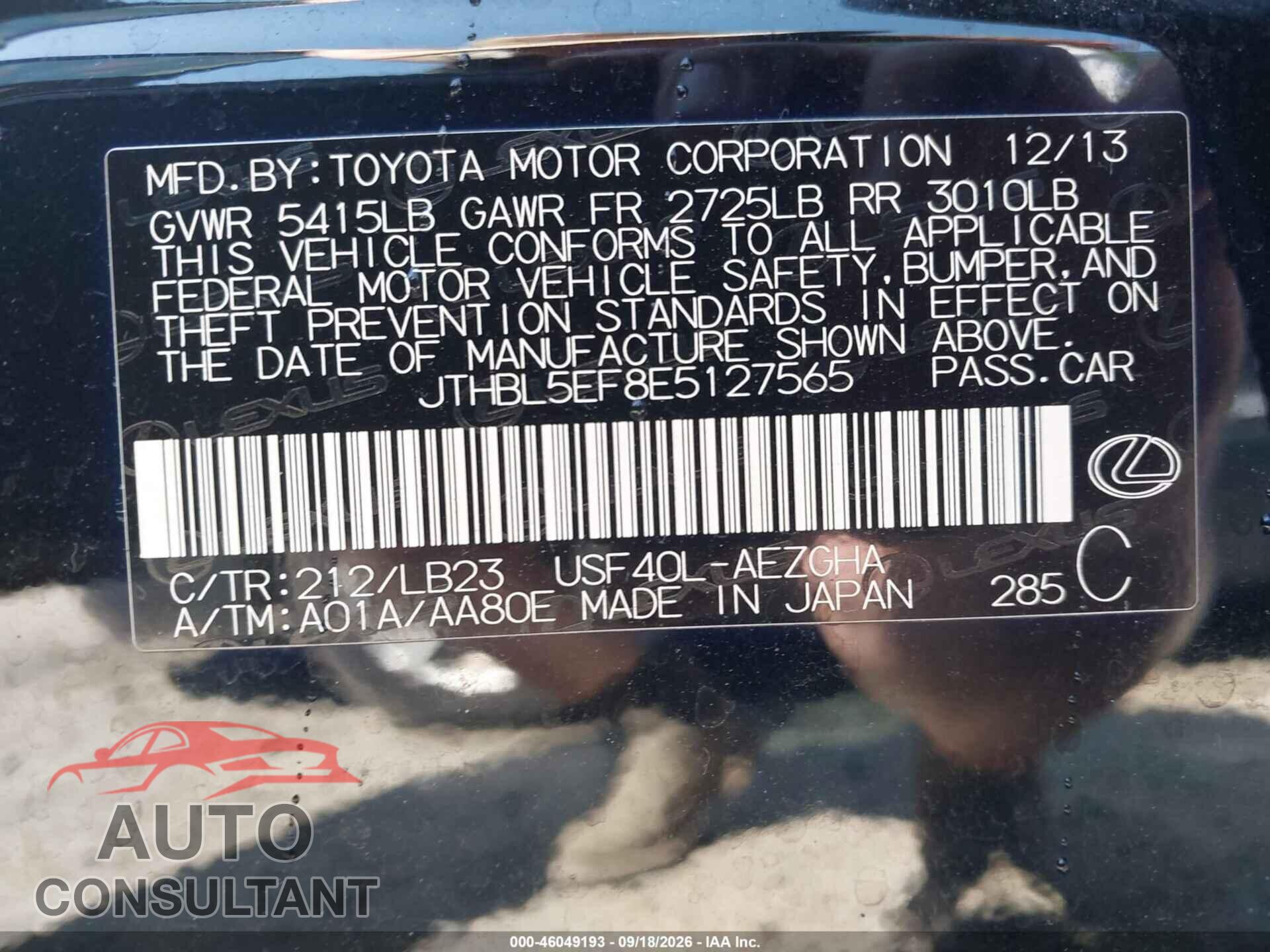 LEXUS LS 460 2014 - JTHBL5EF8E5127565