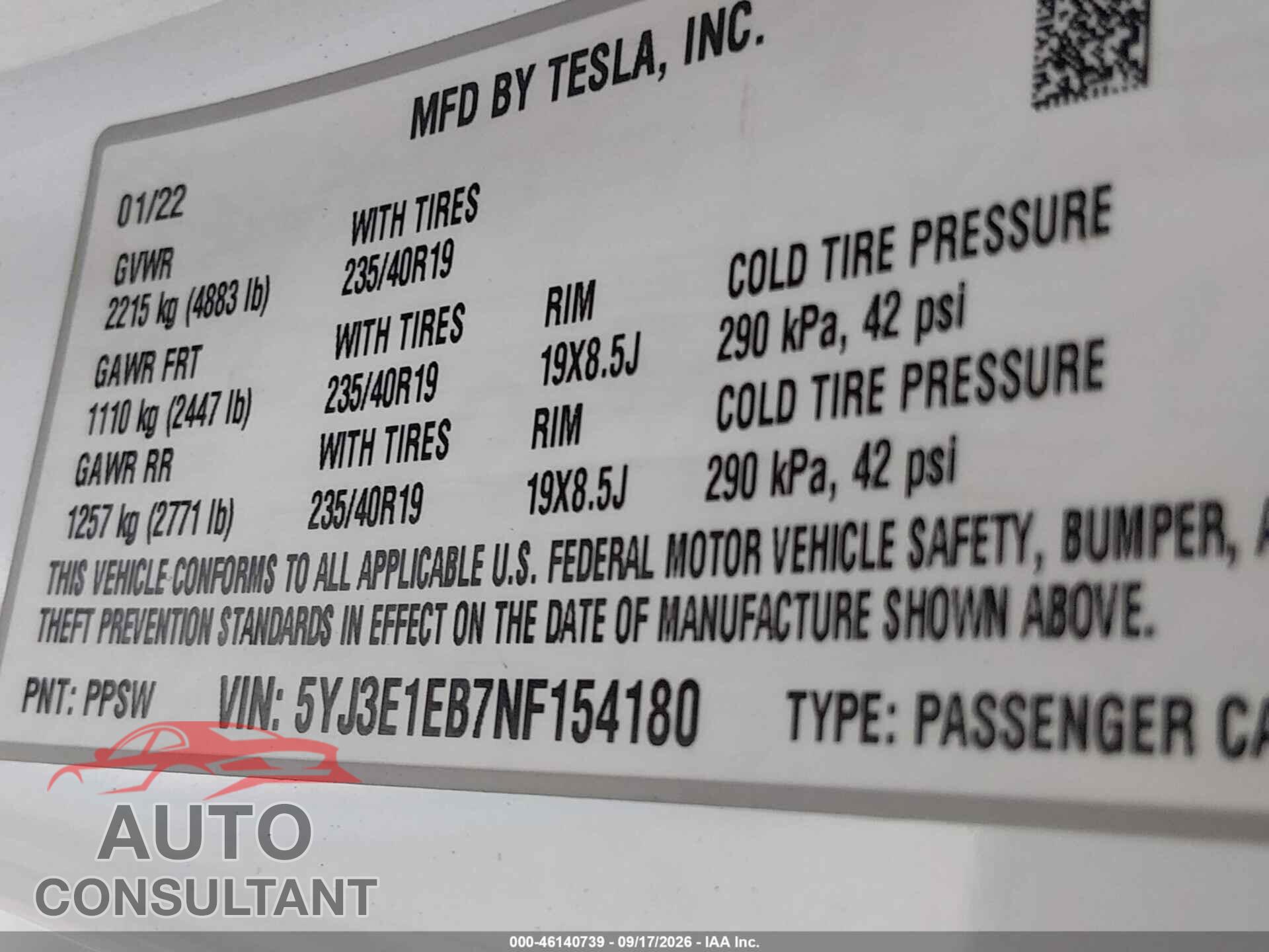 TESLA MODEL 3 2022 - 5YJ3E1EB7NF154180