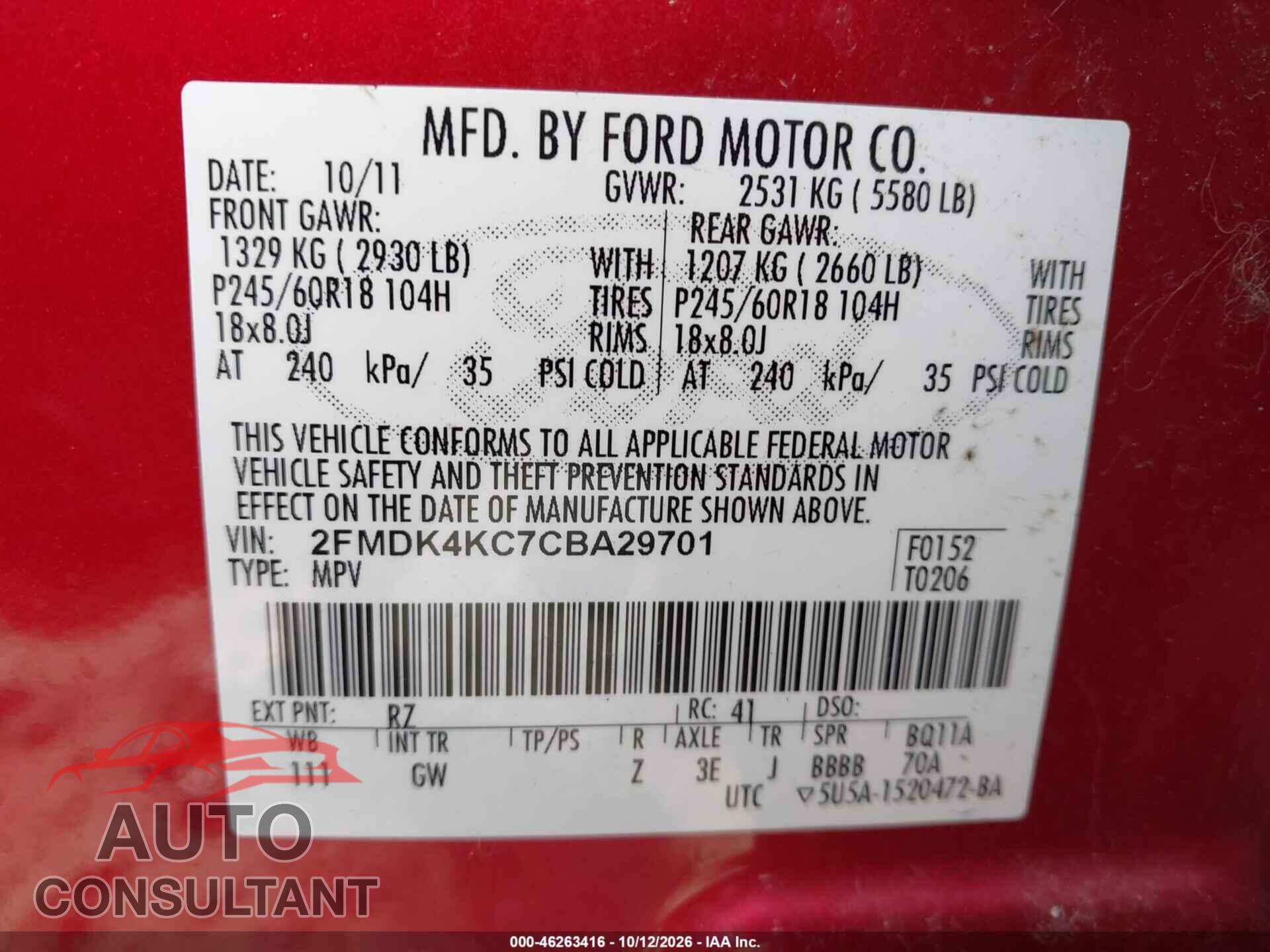 FORD EDGE 2012 - 2FMDK4KC7CBA29701