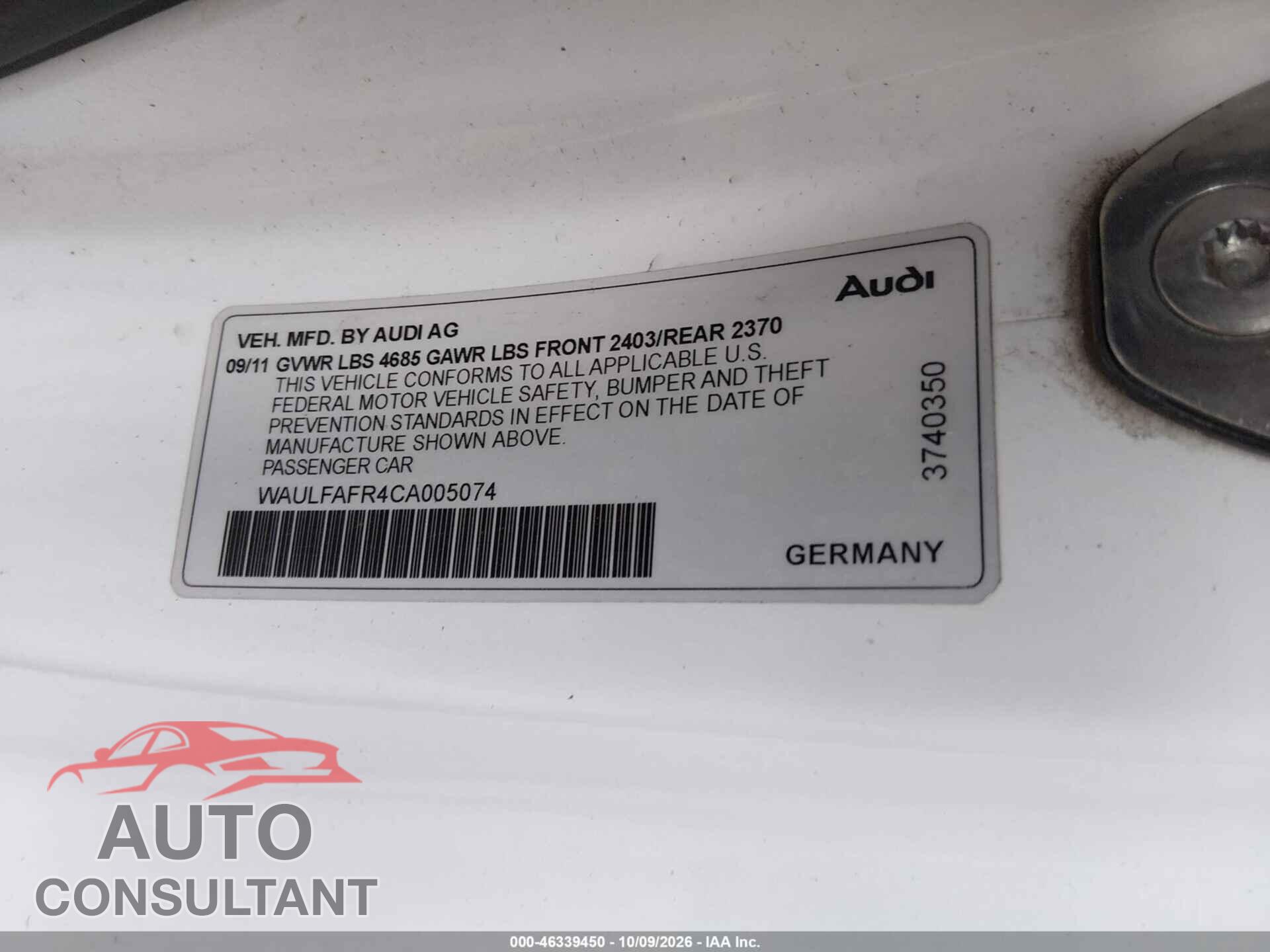 AUDI A5 2012 - WAULFAFR4CA005074