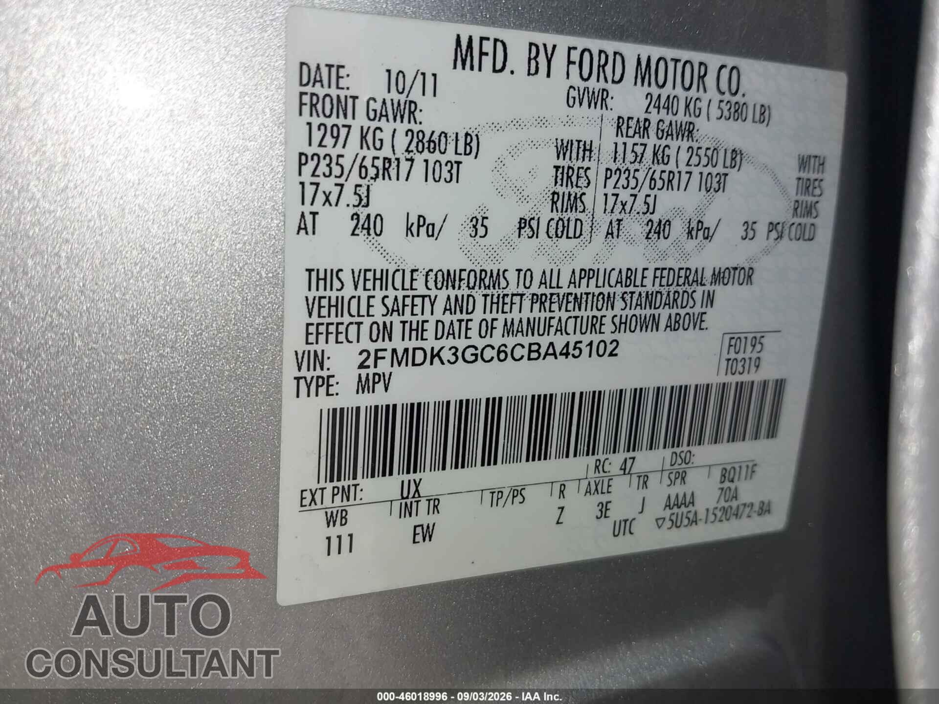 FORD EDGE 2012 - 2FMDK3GC6CBA45102