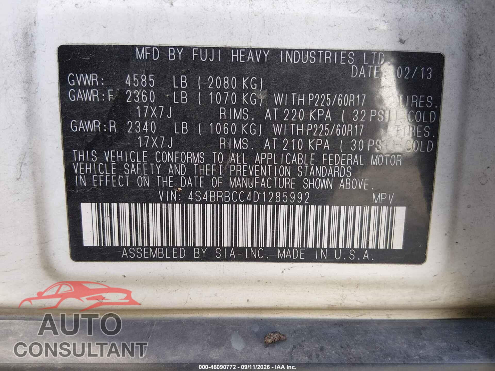 SUBARU OUTBACK 2013 - 4S4BRBCC4D1285992