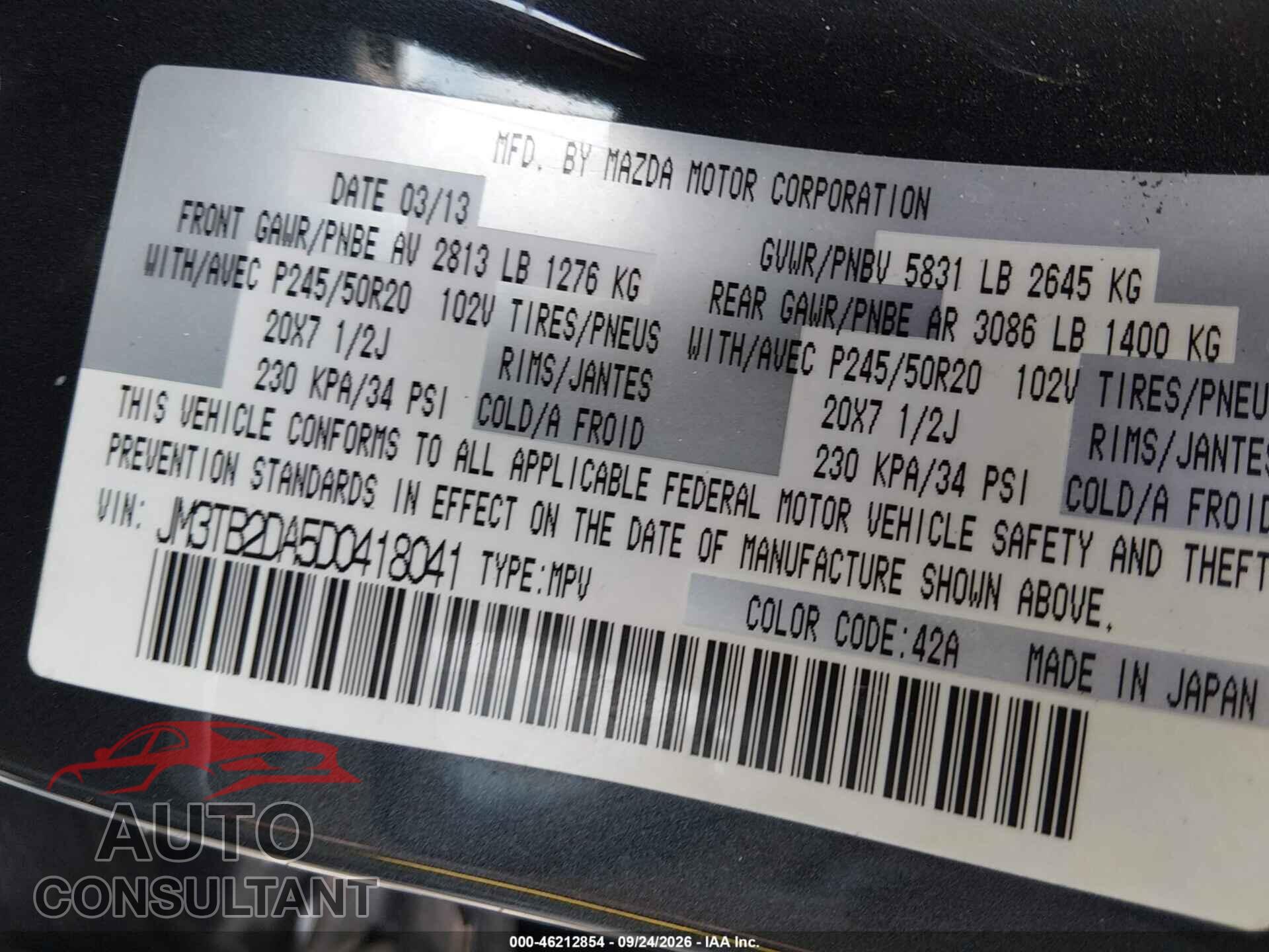 MAZDA CX-9 2013 - JM3TB2DA5D0418041
