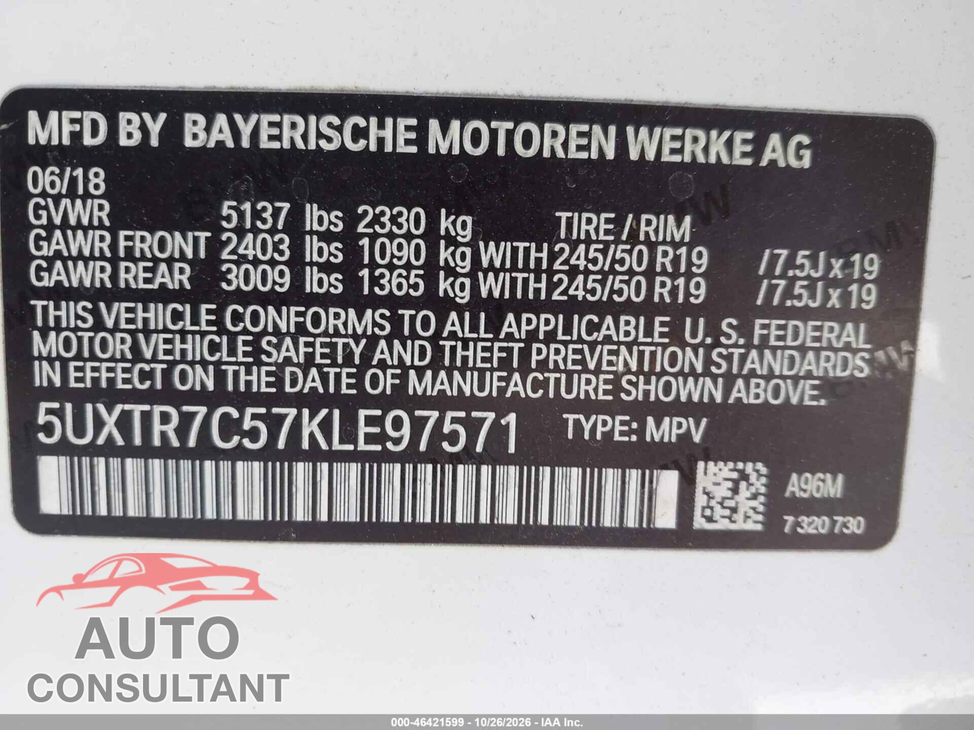 BMW X3 2019 - 5UXTR7C57KLE97571