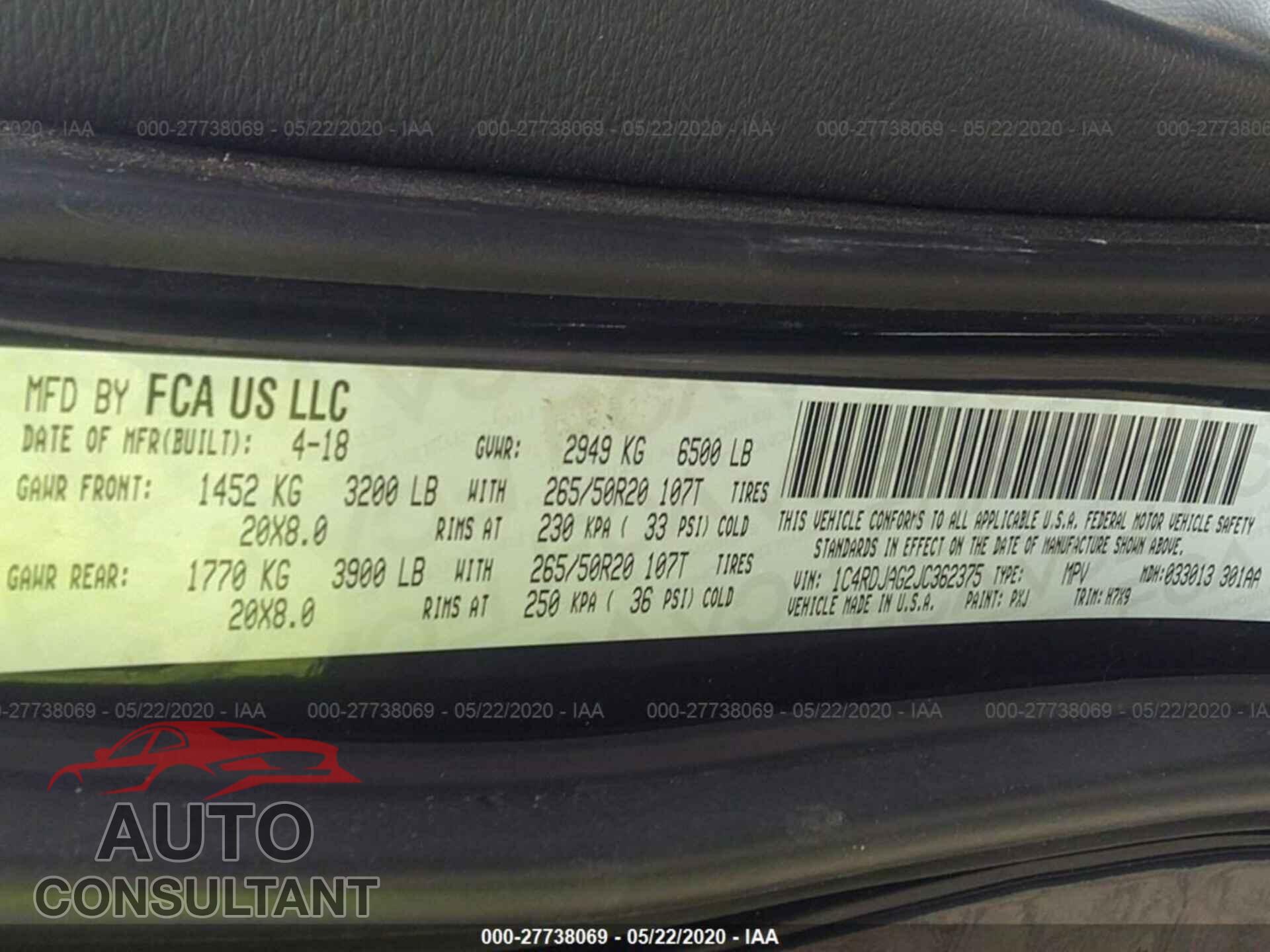 Dodge Durango 2018 - 1C4RDJAG2JC362375