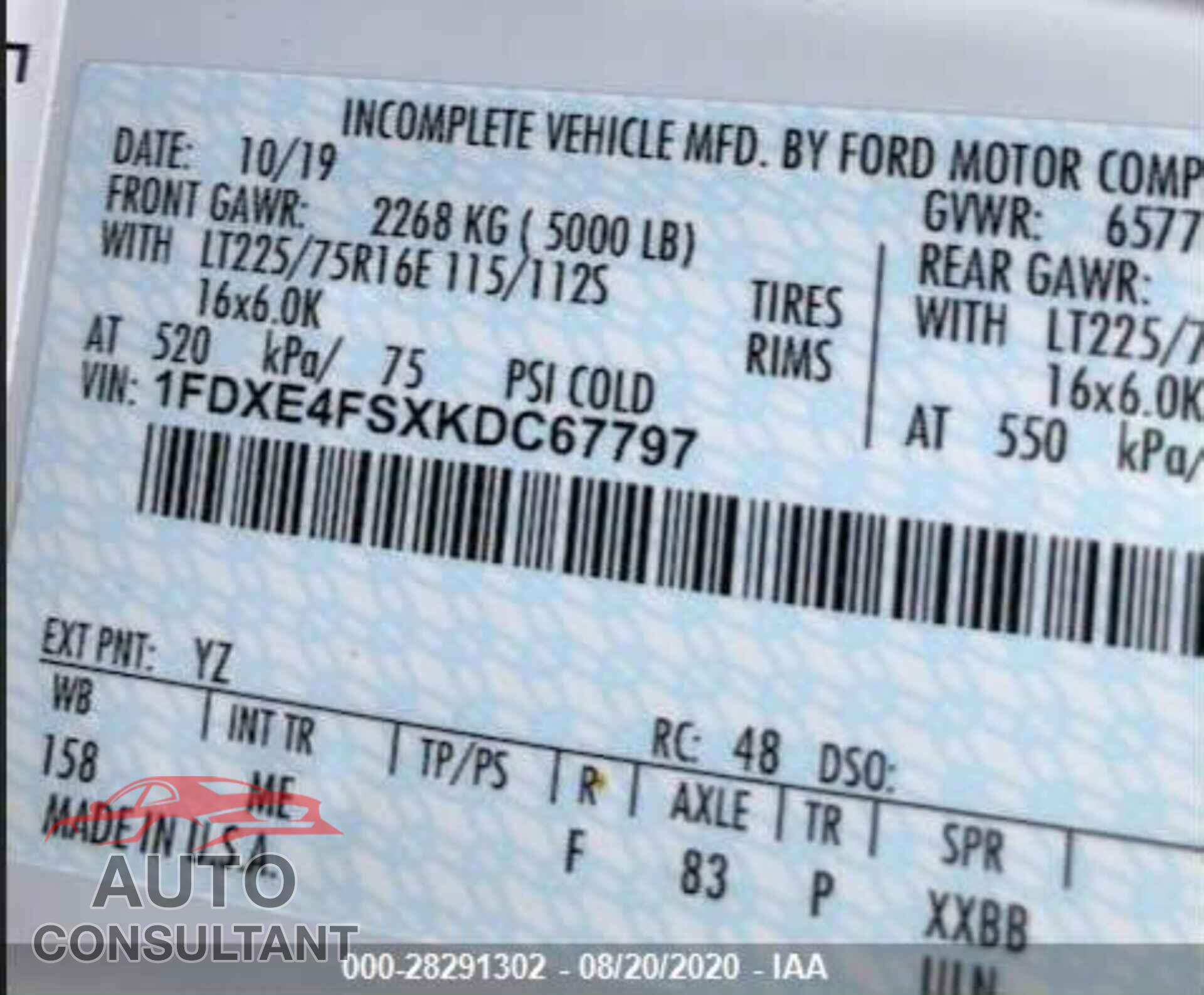 FORD E450 2019 - 1FDXE4FSXKDC67797