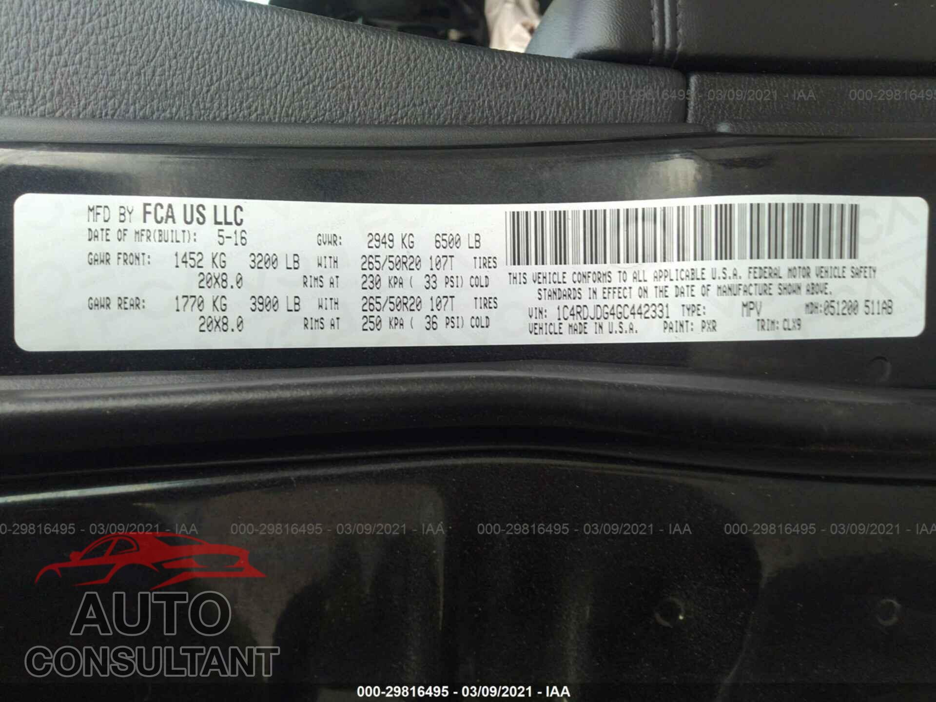 DODGE DURANGO 2016 - 1C4RDJDG4GC442331