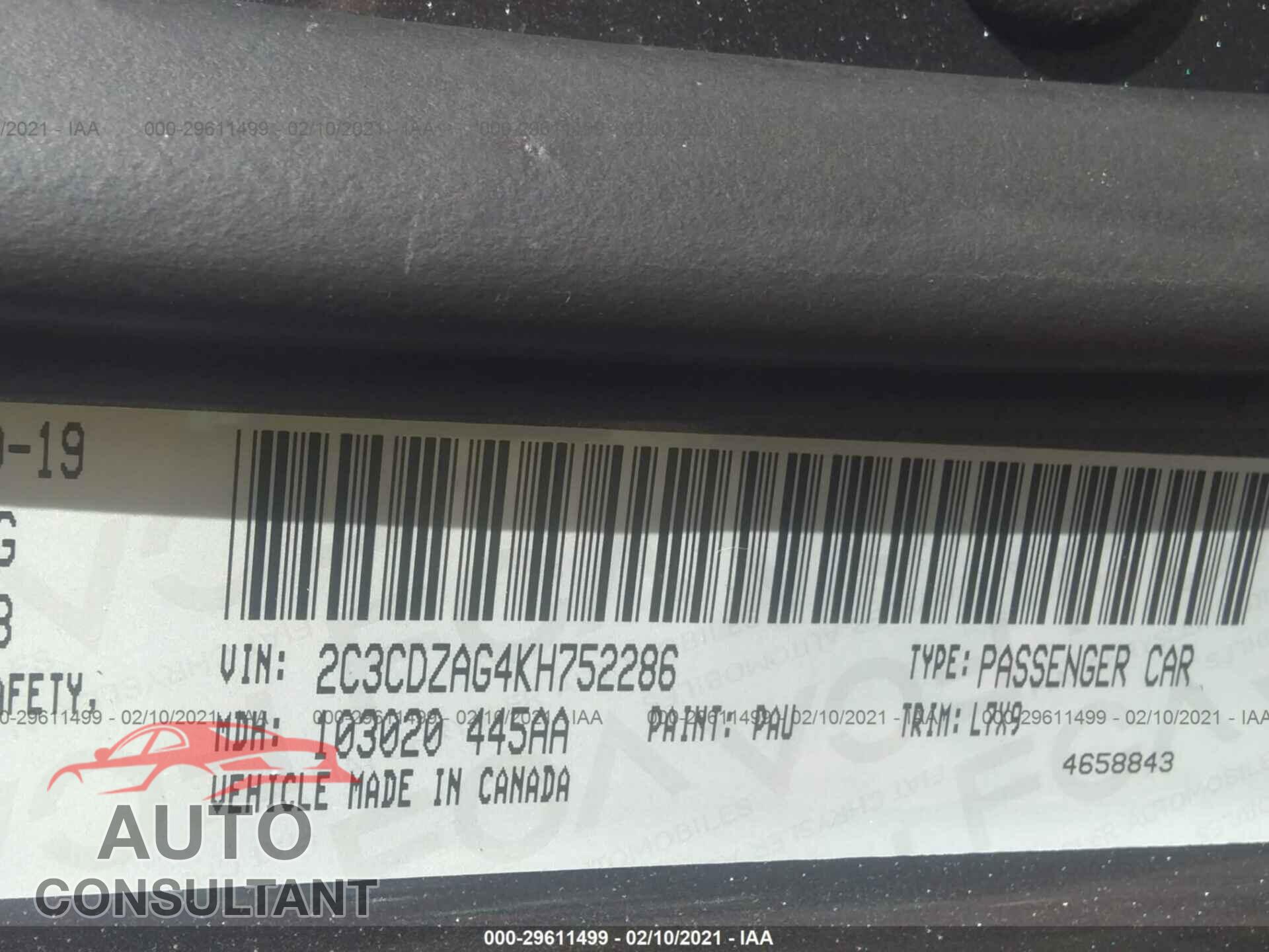 DODGE CHALLENGER 2019 - 2C3CDZAG4KH752286