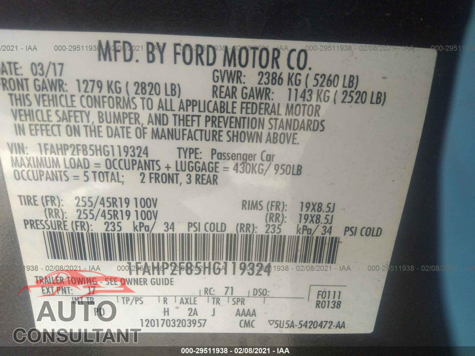 FORD TAURUS 2017 - 1FAHP2F85HG119324