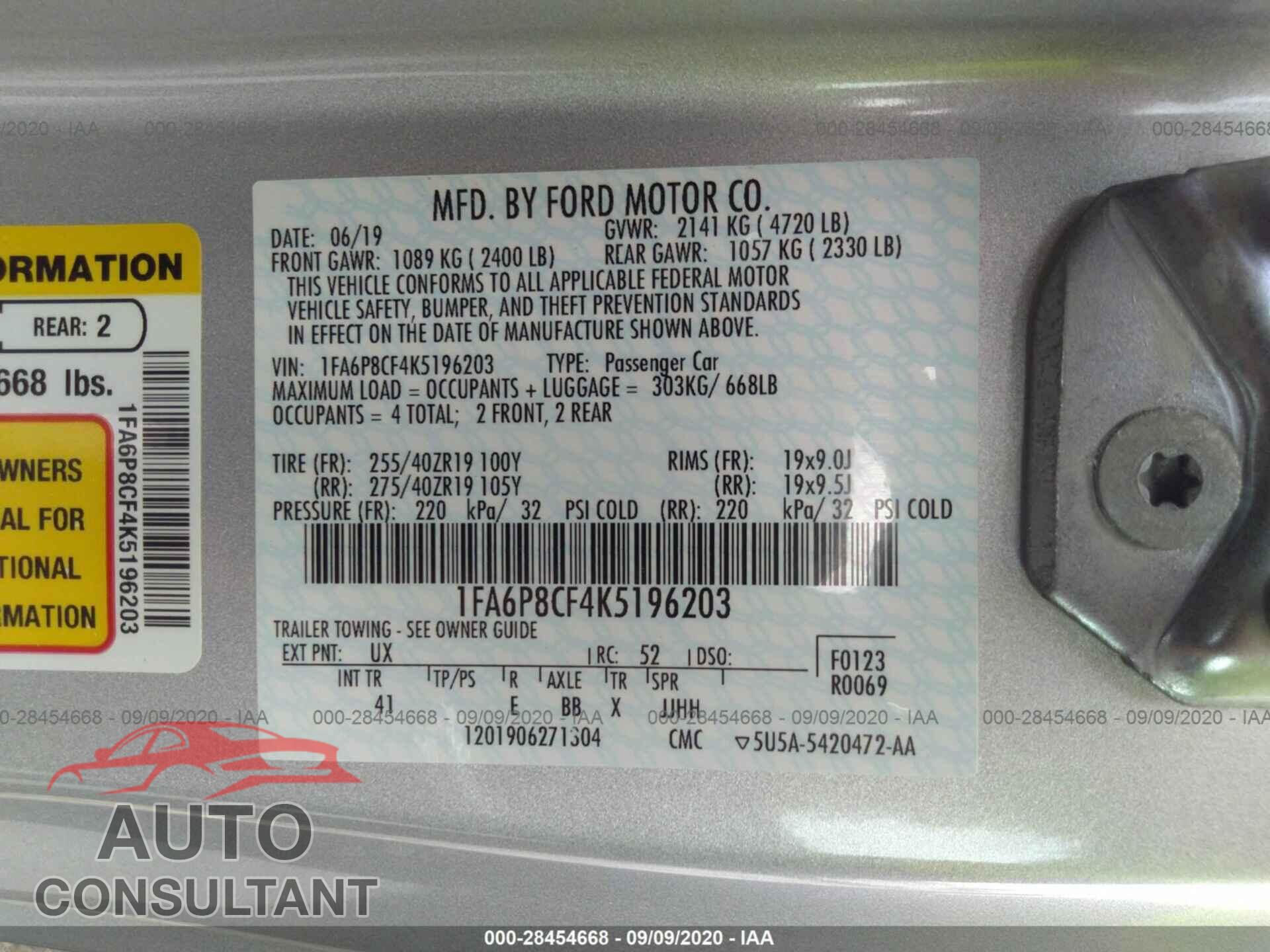 FORD MUSTANG 2019 - 1FA6P8CF4K5196203