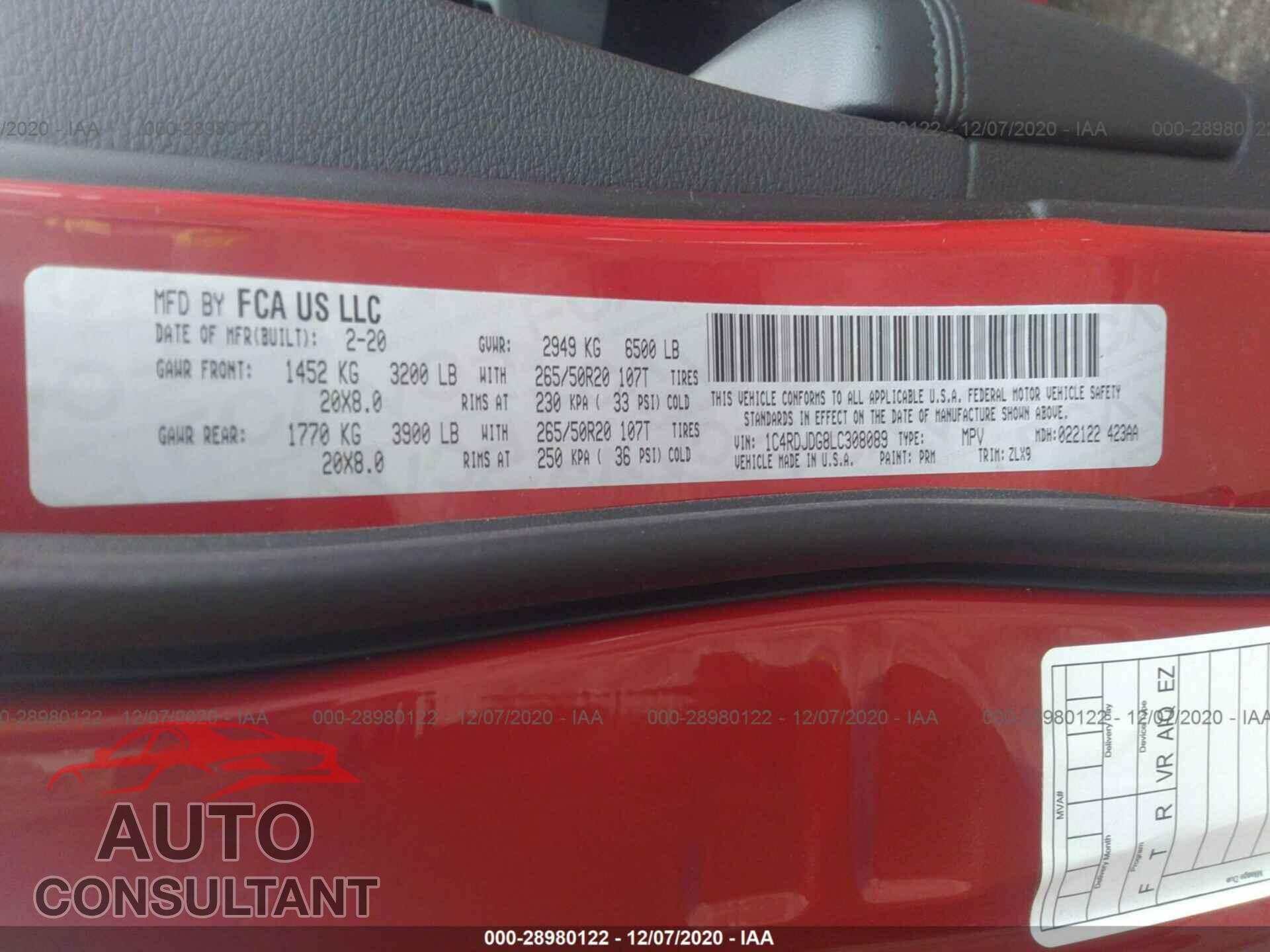 DODGE DURANGO 2020 - 1C4RDJDG8LC308089
