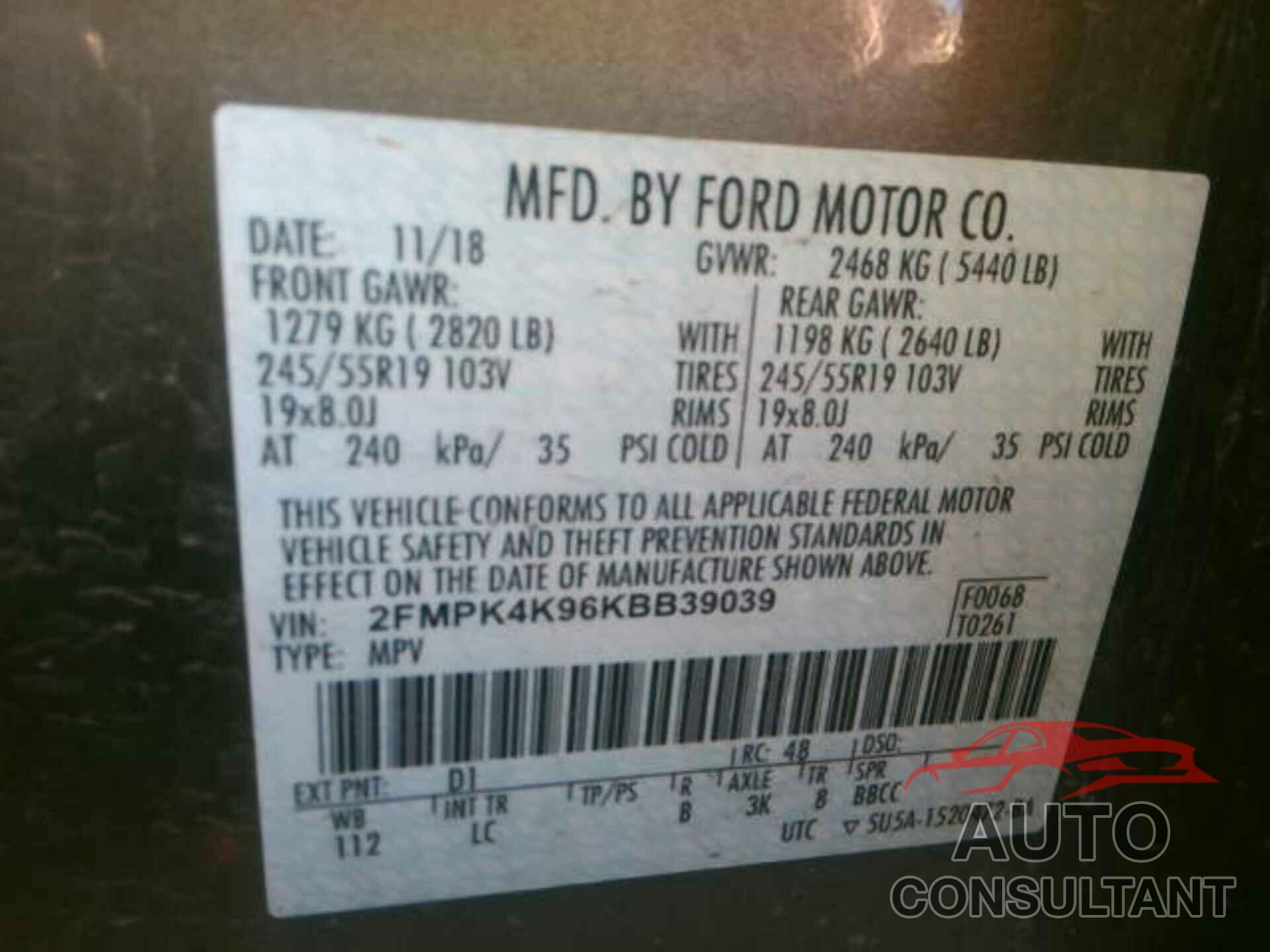 FORD EDGE 2019 - 2FMPK4K96KBB39039