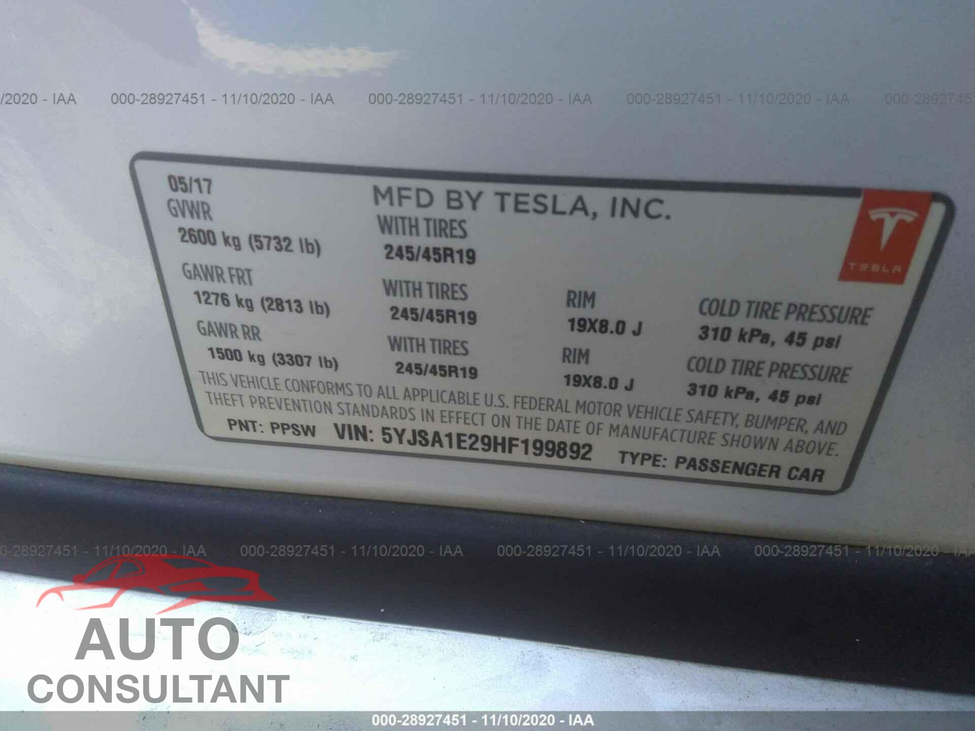 TESLA MODEL S 2017 - 5YJSA1E29HF199892