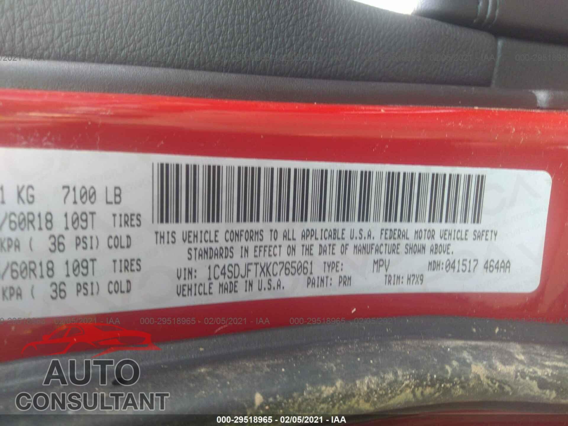 DODGE DURANGO 2019 - 1C4SDJFTXKC765061