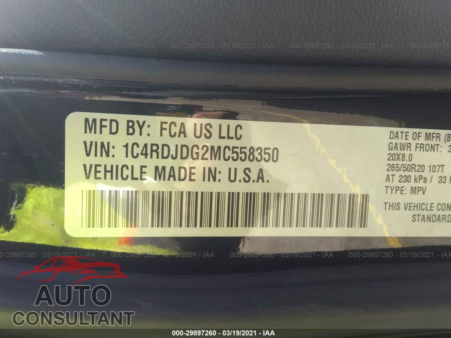 DODGE DURANGO 2021 - 1C4RDJDG2MC558350