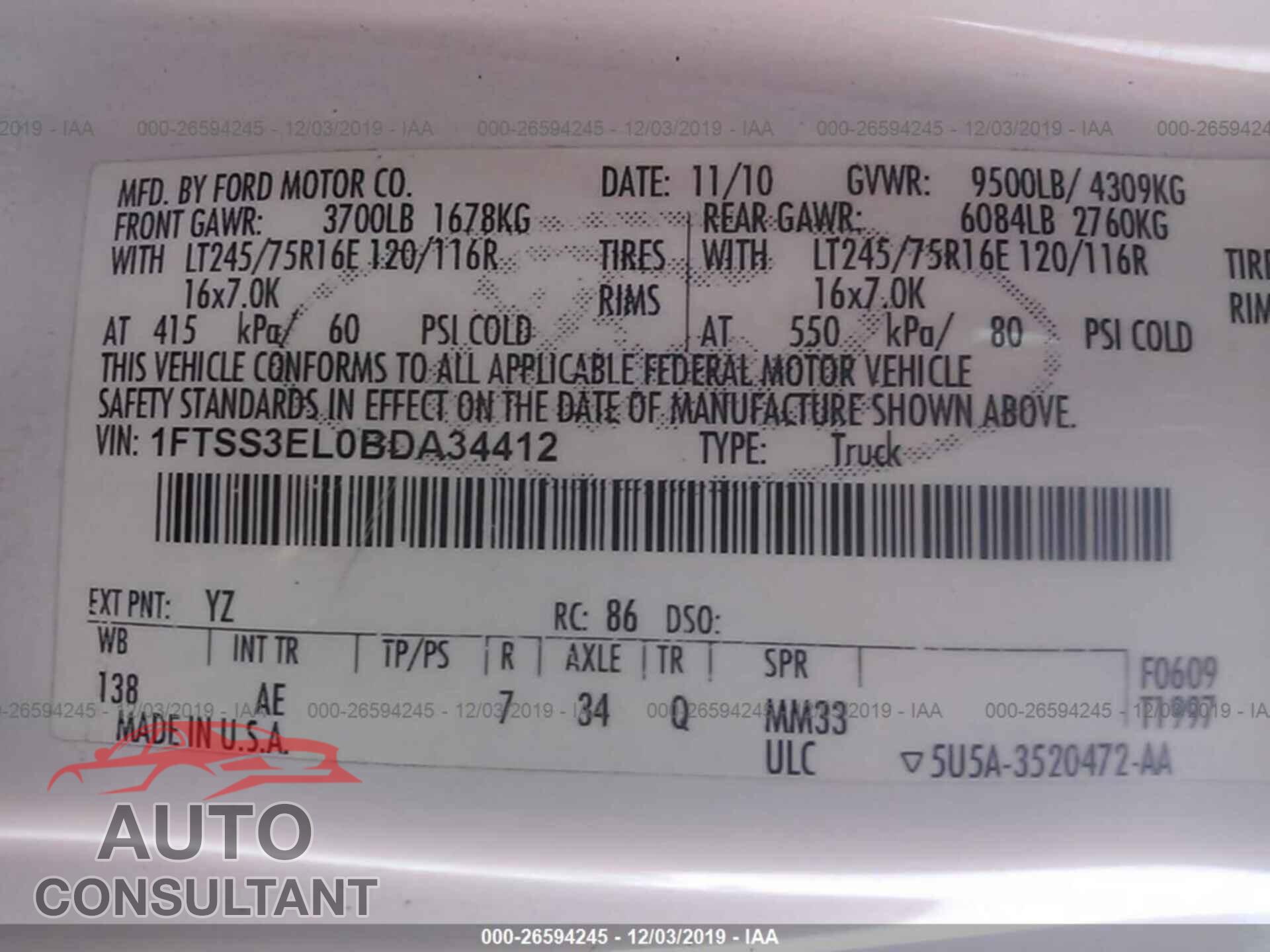 FORD E-350 SUPER DUTY 2011 - 1FTSS3EL0BDA34412