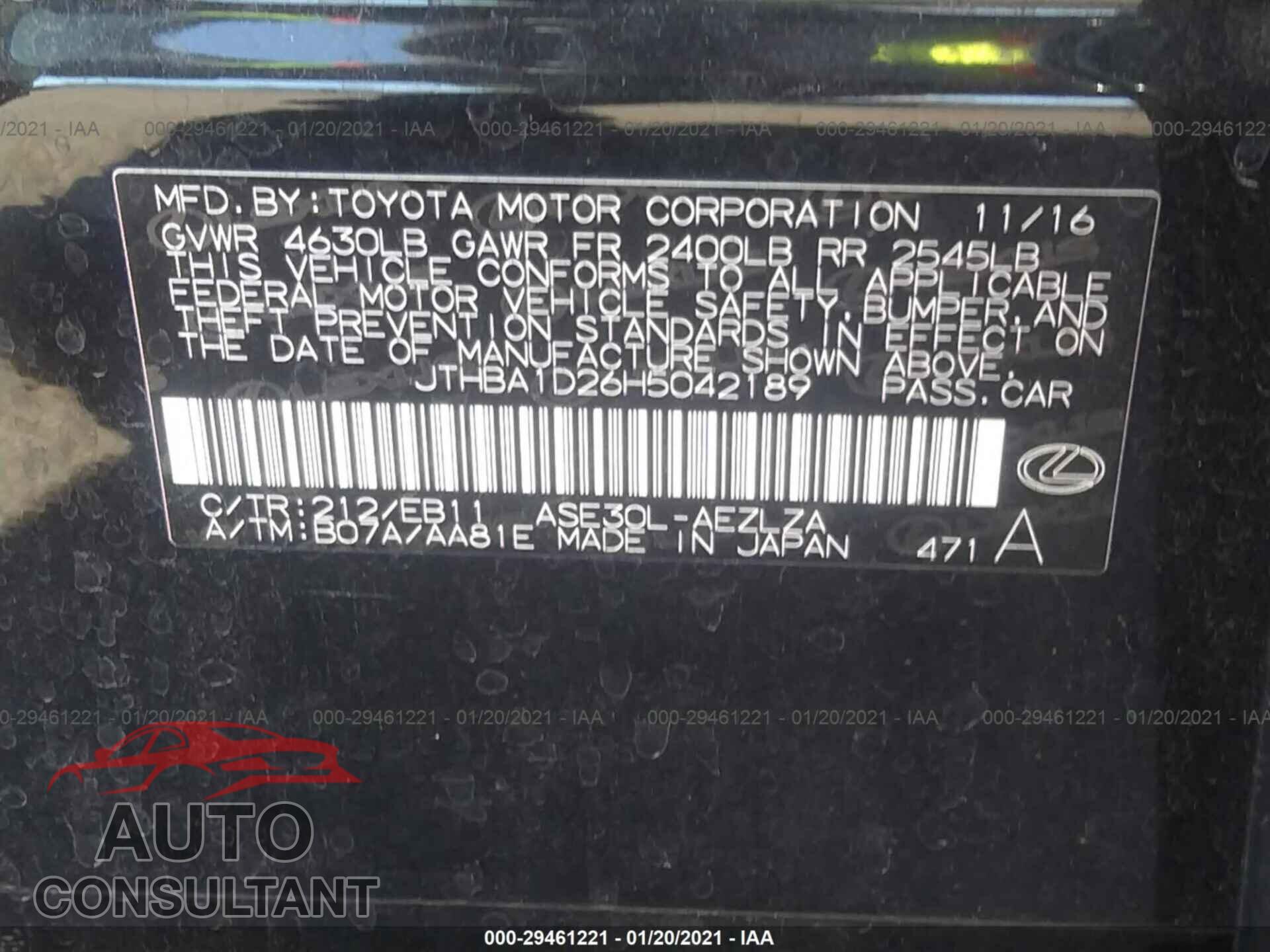 LEXUS IS 2017 - JTHBA1D26H5042189