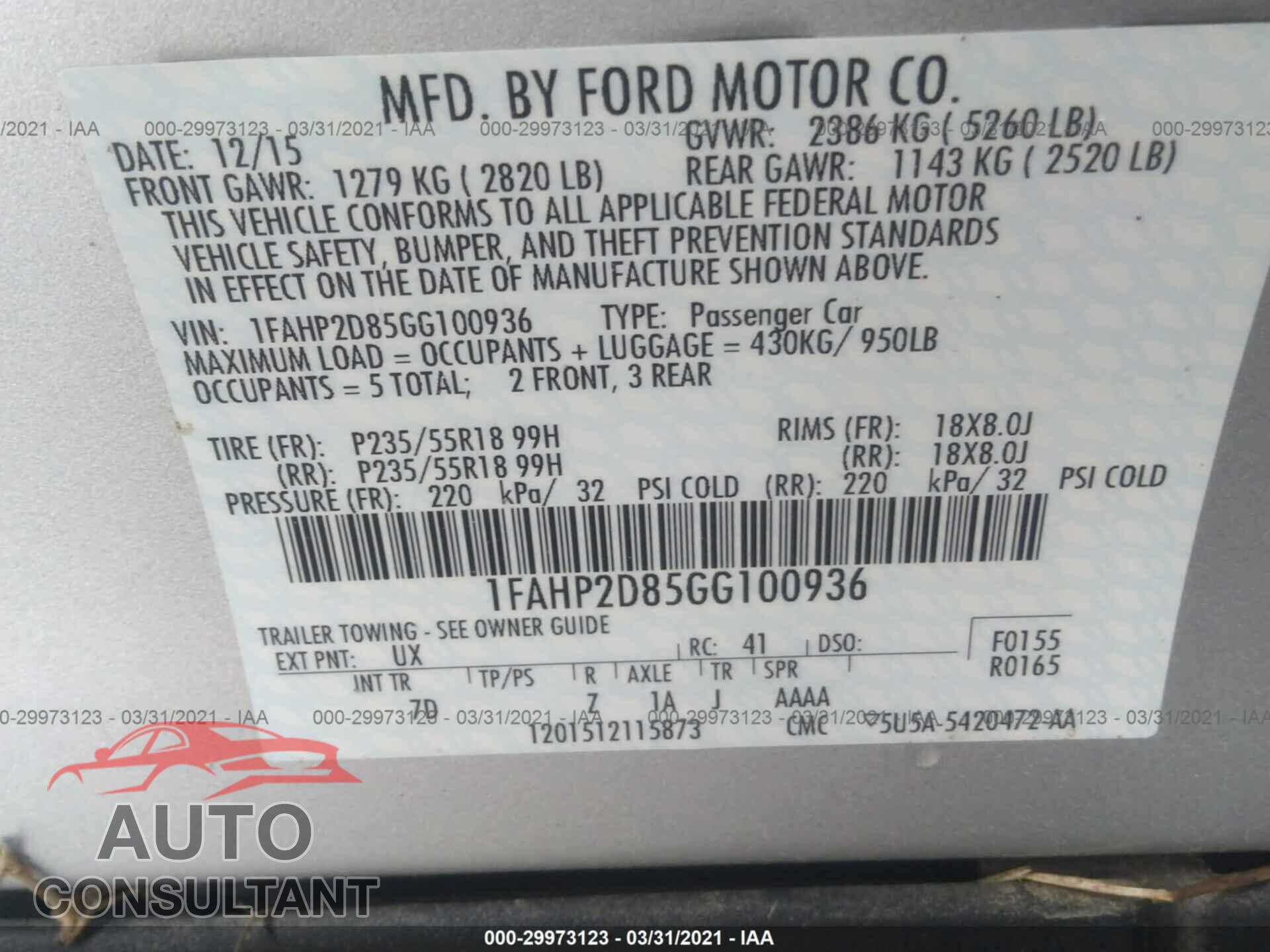 FORD TAURUS 2016 - 1FAHP2D85GG100936