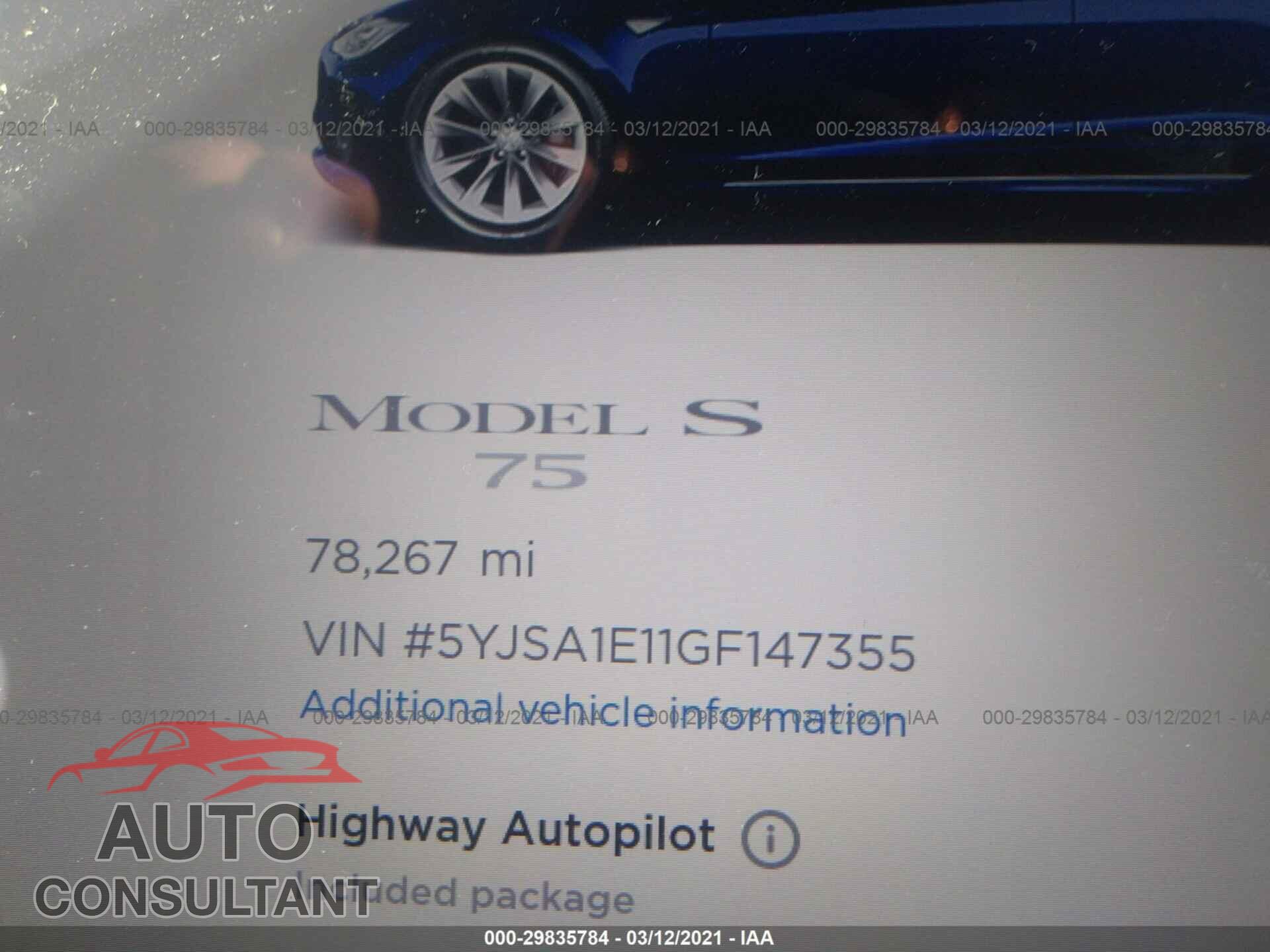 TESLA MODEL S 2016 - 5YJSA1E11GF147355