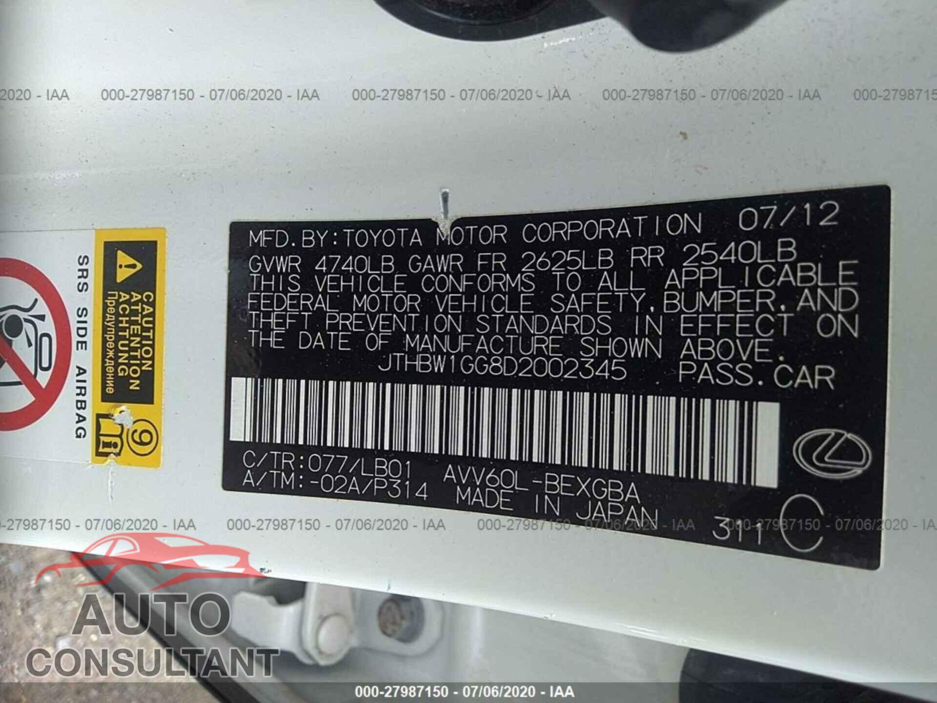 LEXUS ES 2013 - JTHBW1GG8D2002345