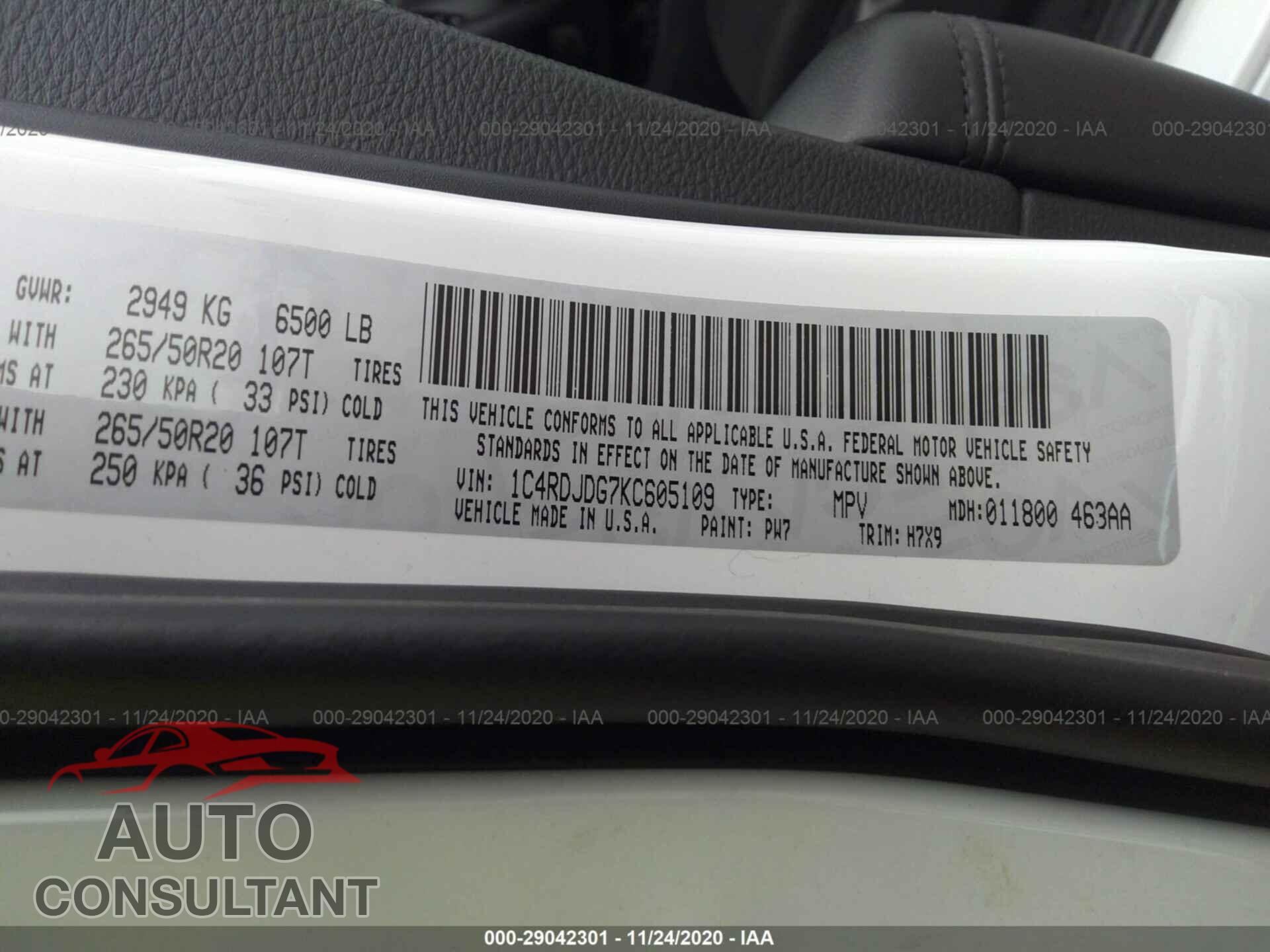 DODGE DURANGO 2019 - 1C4RDJDG7KC605109