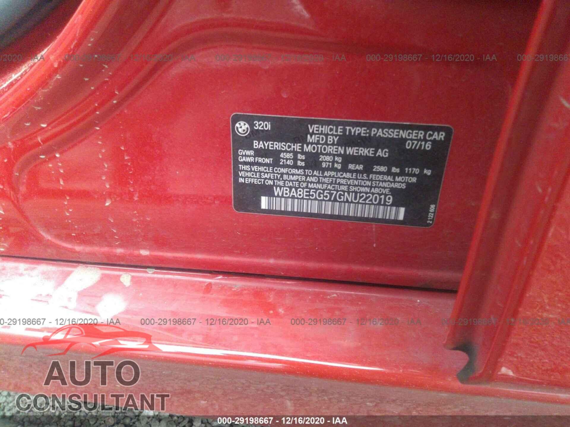 BMW 3 SERIES 2016 - WBA8E5G57GNU22019