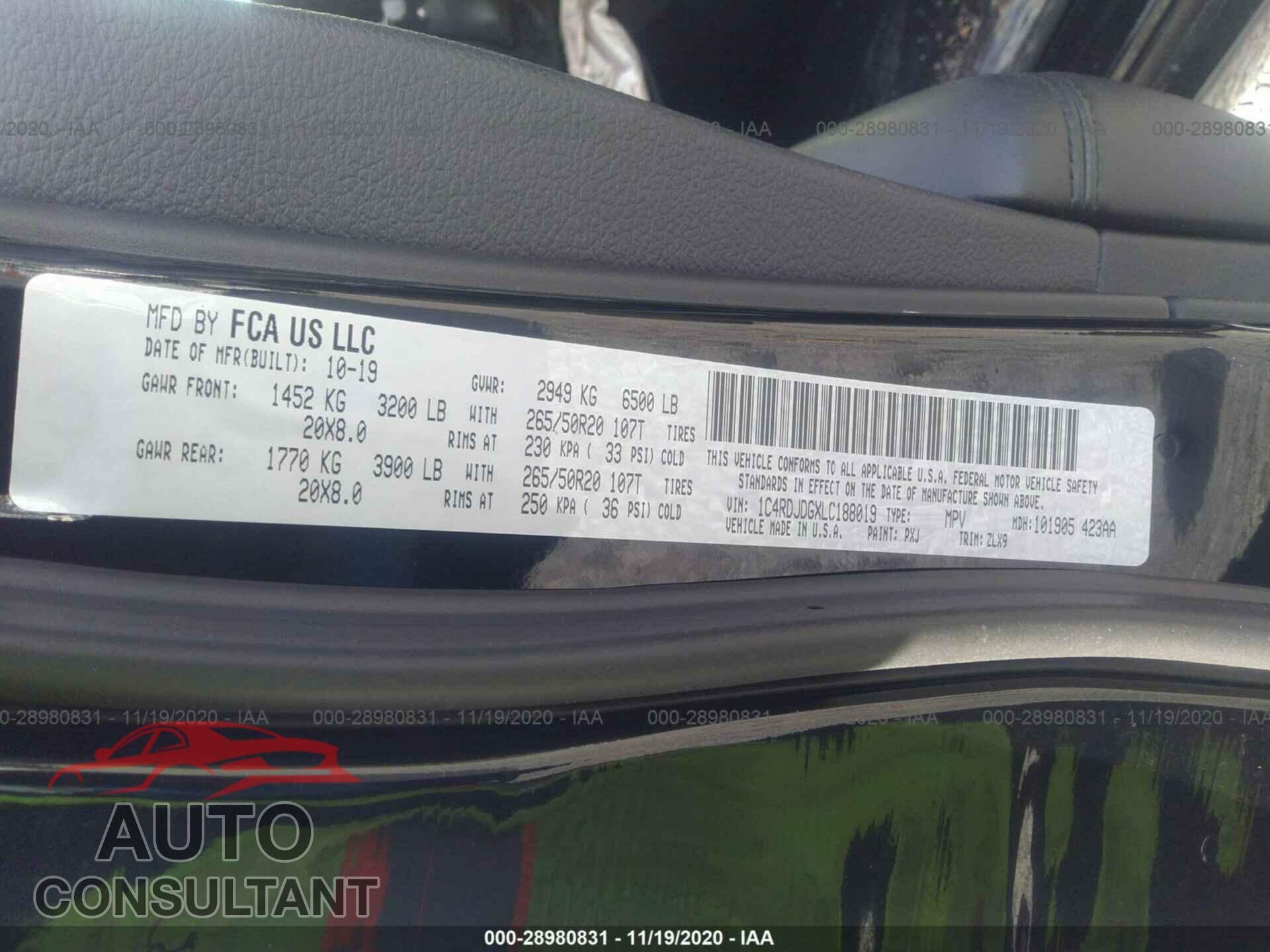 DODGE DURANGO 2020 - 1C4RDJDGXLC188019