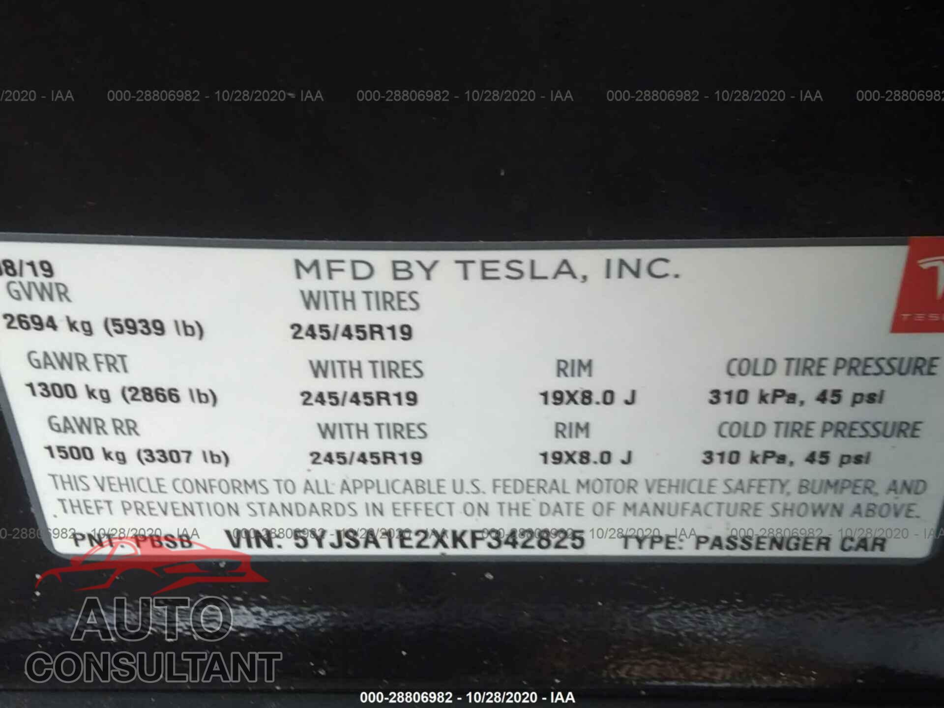 TESLA MODEL S 2019 - 5YJSA1E2XKF342825