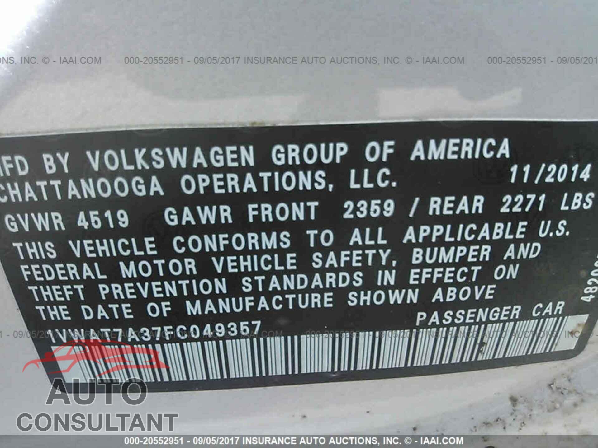 Volkswagen Passat 2015 - 1VWAT7A37FC049357