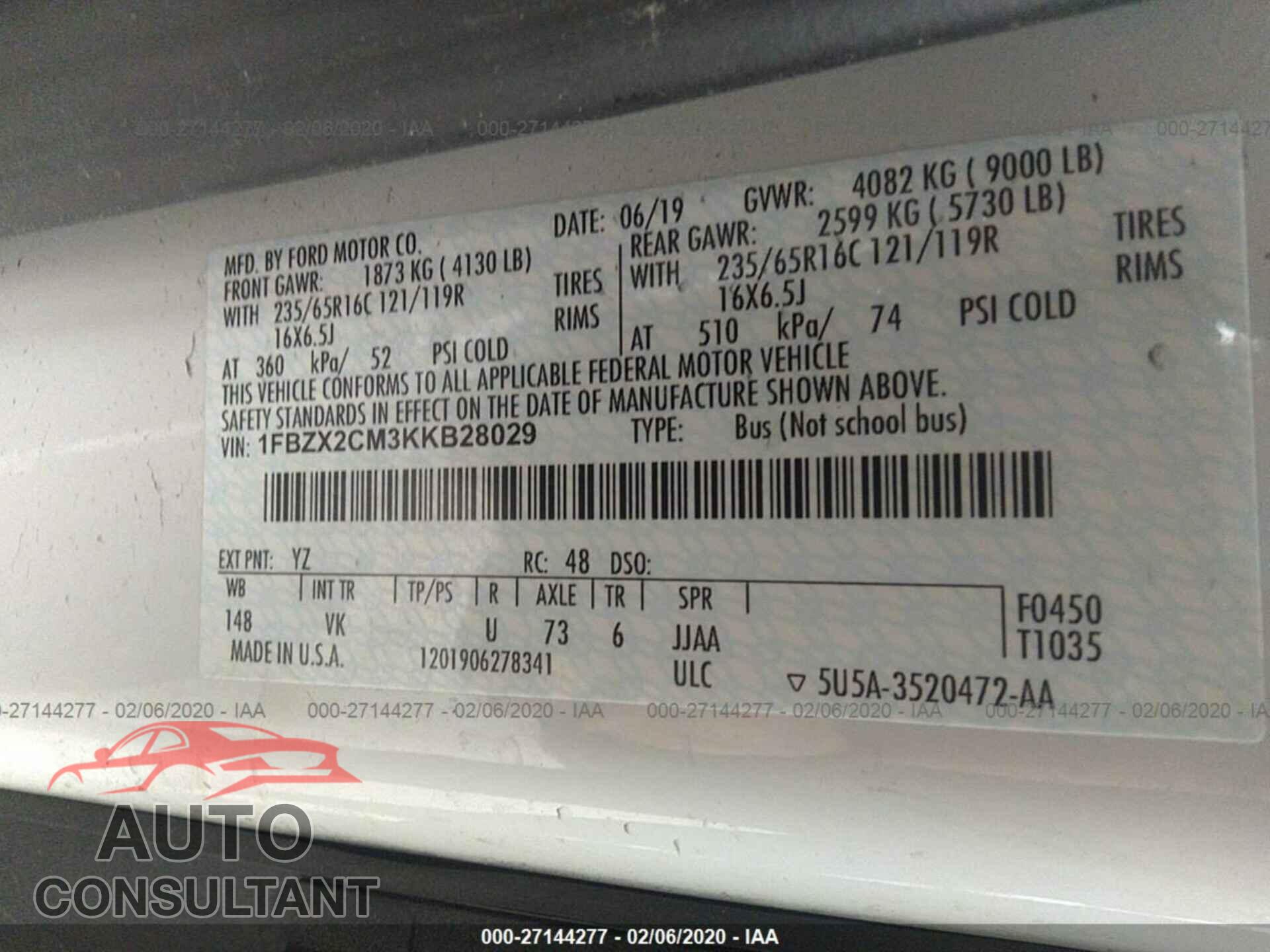 FORD TRANSIT 2019 - 1FBZX2CM3KKB28029