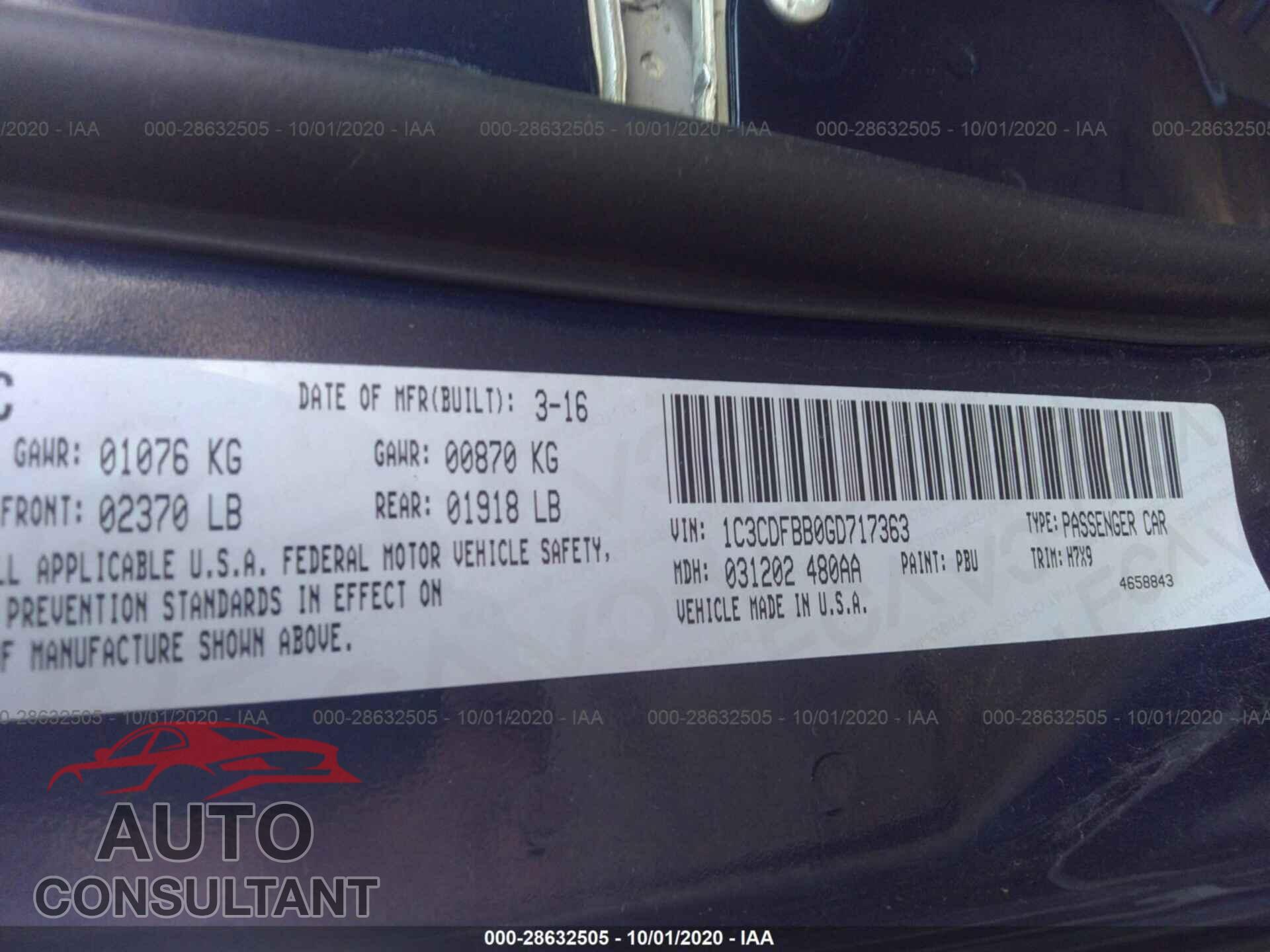 DODGE DART 2016 - 1C3CDFBB0GD717363
