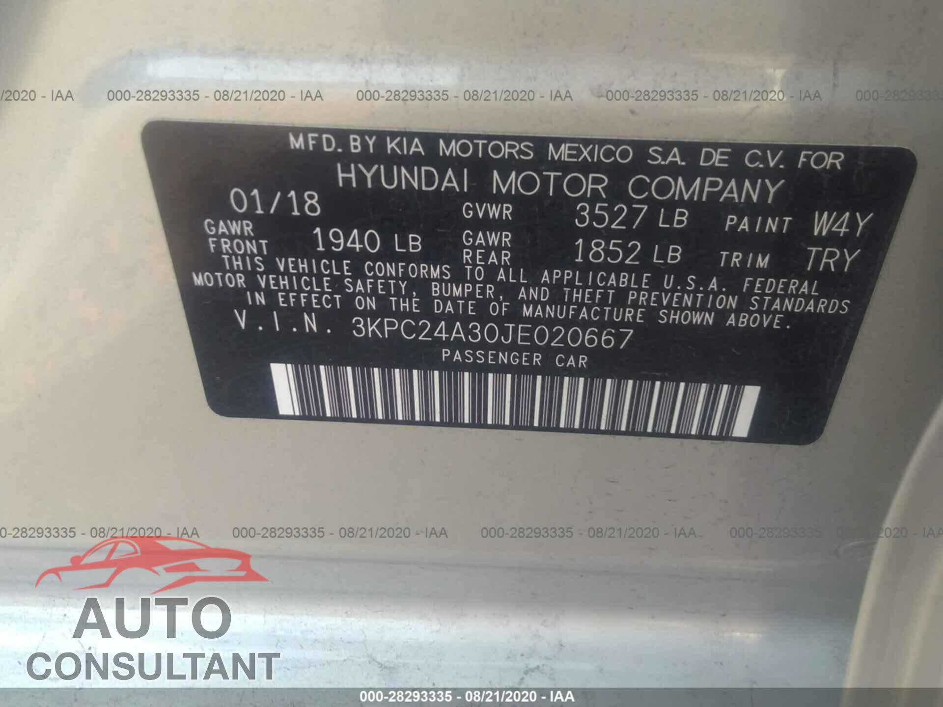 HYUNDAI ACCENT 2018 - 3KPC24A30JE020667