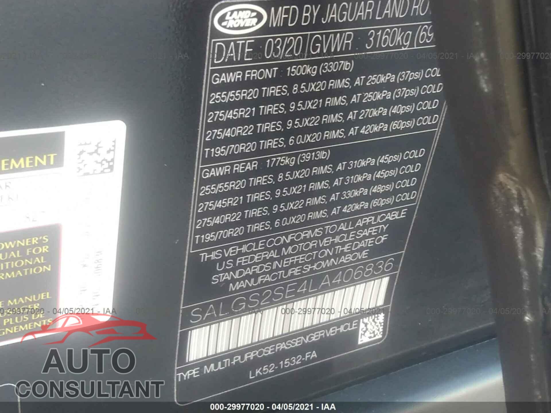 LAND ROVER RANGE ROVER 2020 - SALGS2SE4LA406836