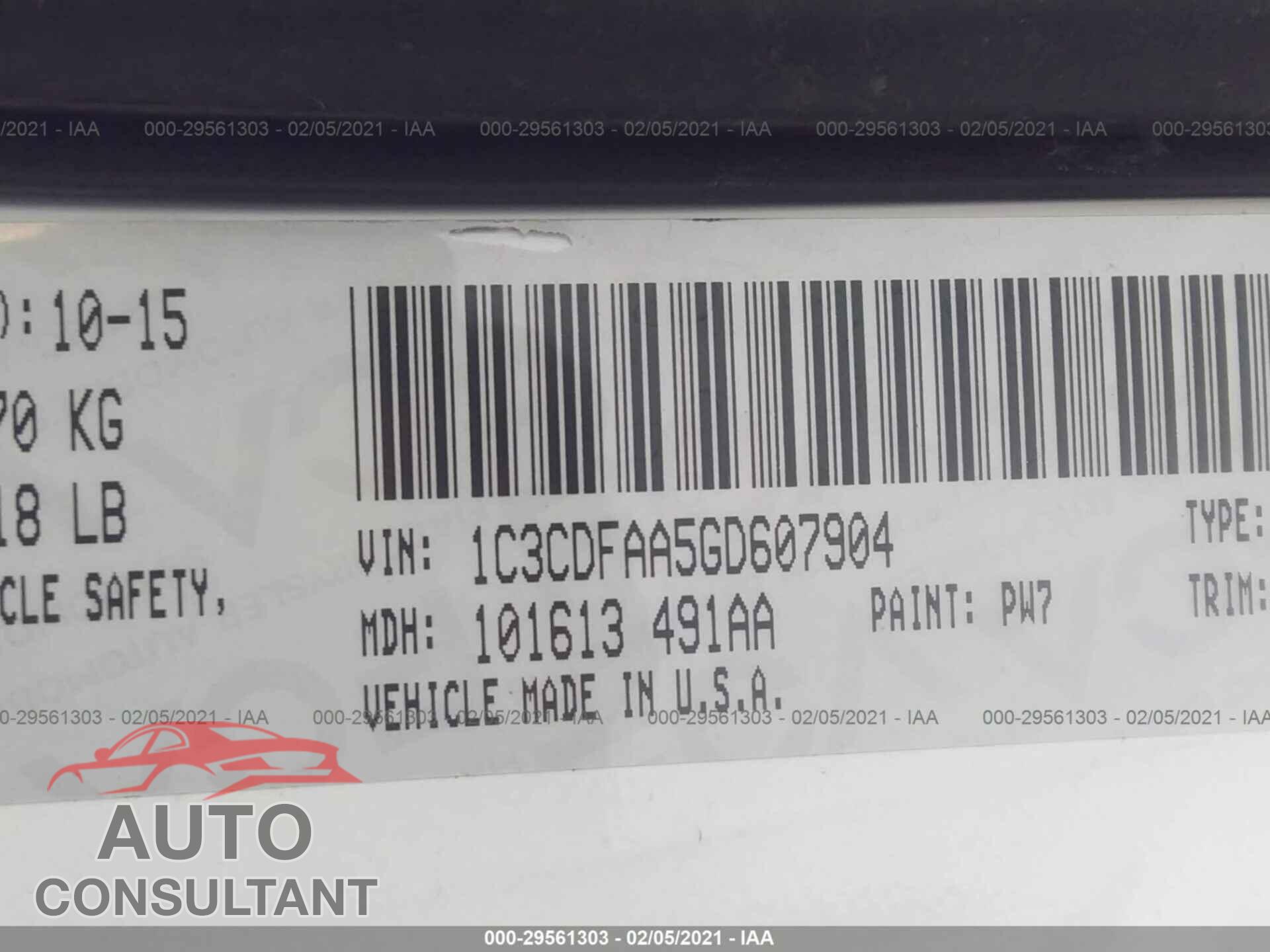 DODGE DART 2016 - 1C3CDFAA5GD607904