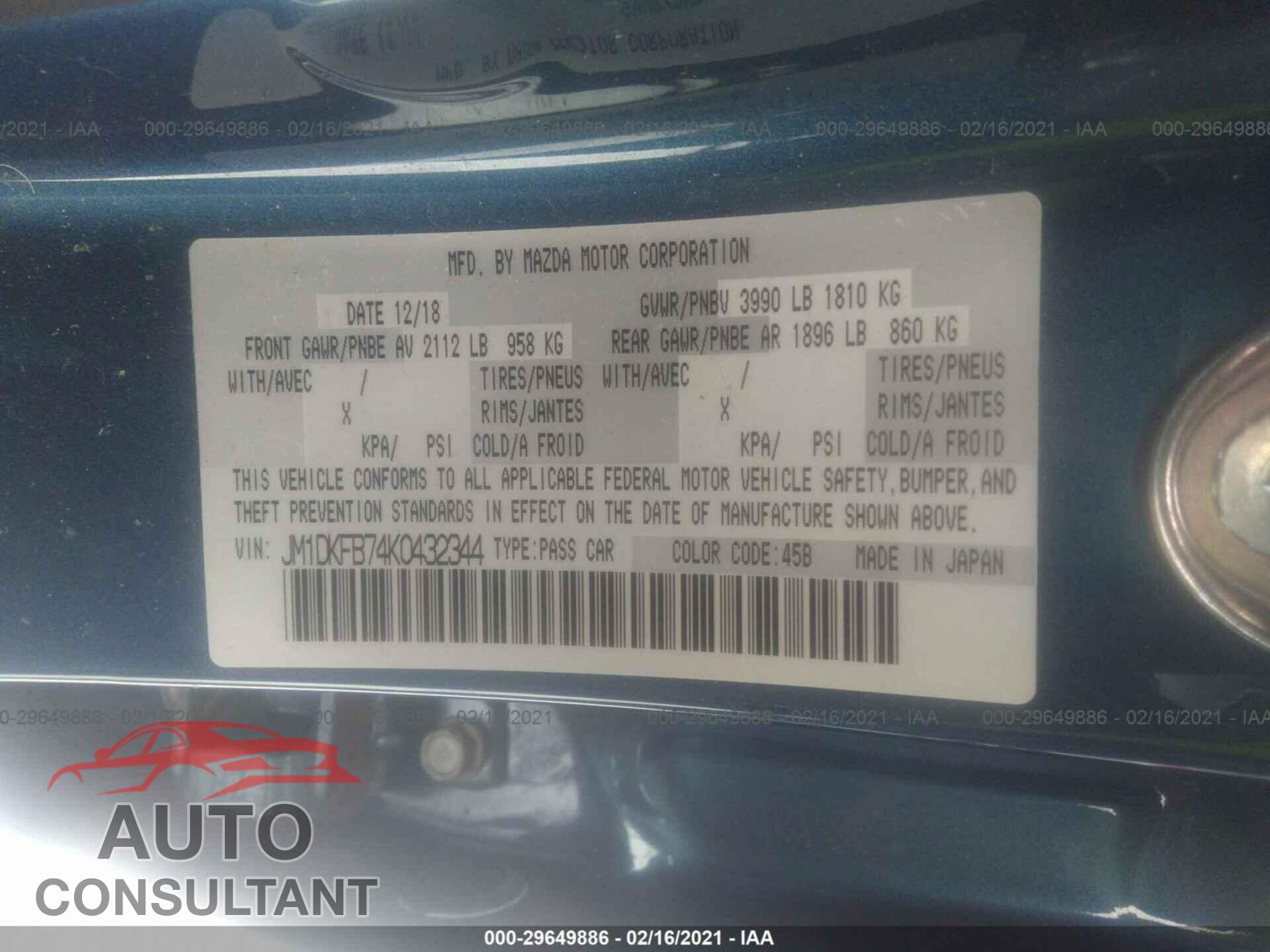MAZDA CX-3 2019 - JM1DKFB74K0432344