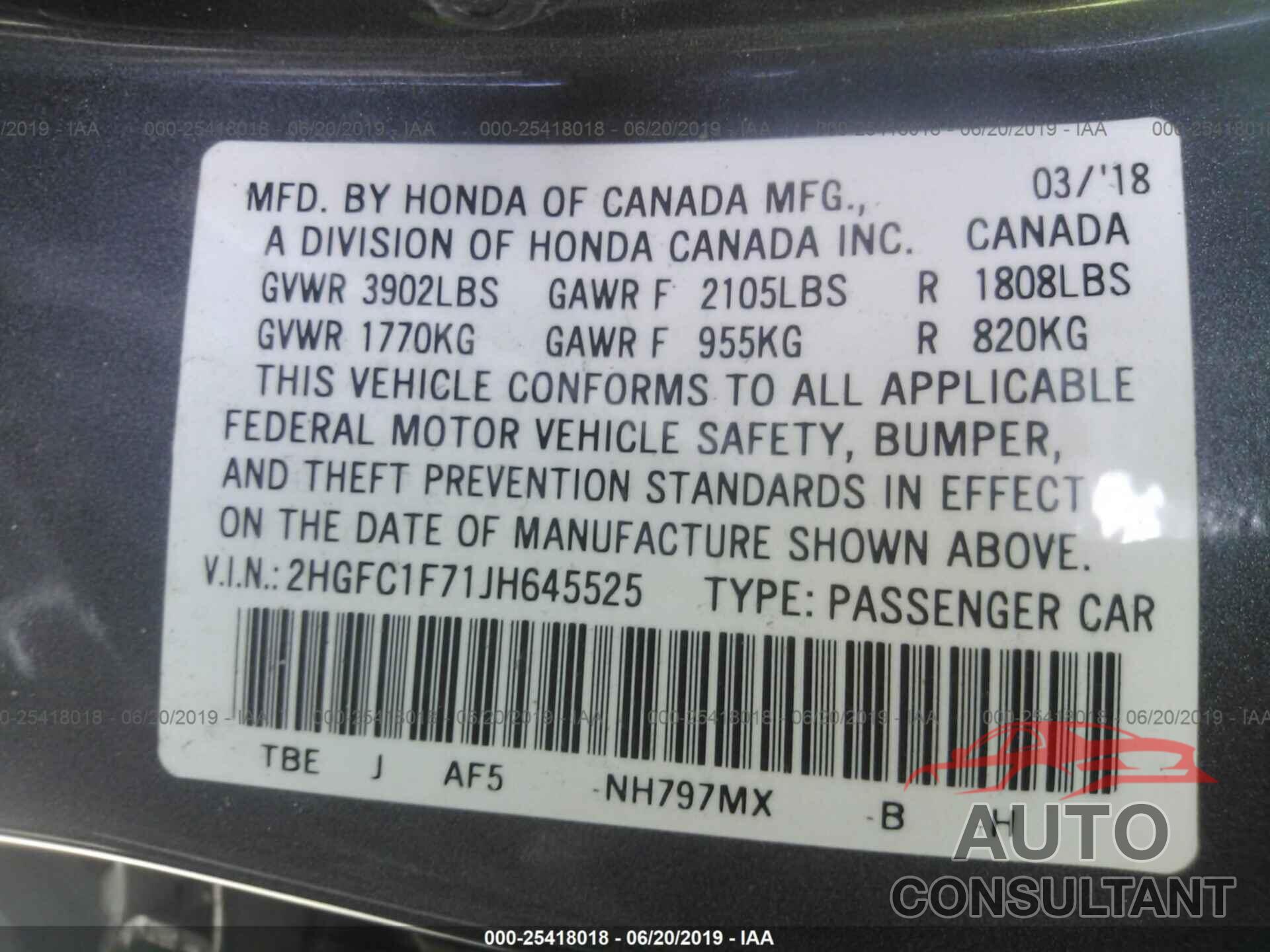 HONDA CIVIC 2018 - 2HGFC1F71JH645525