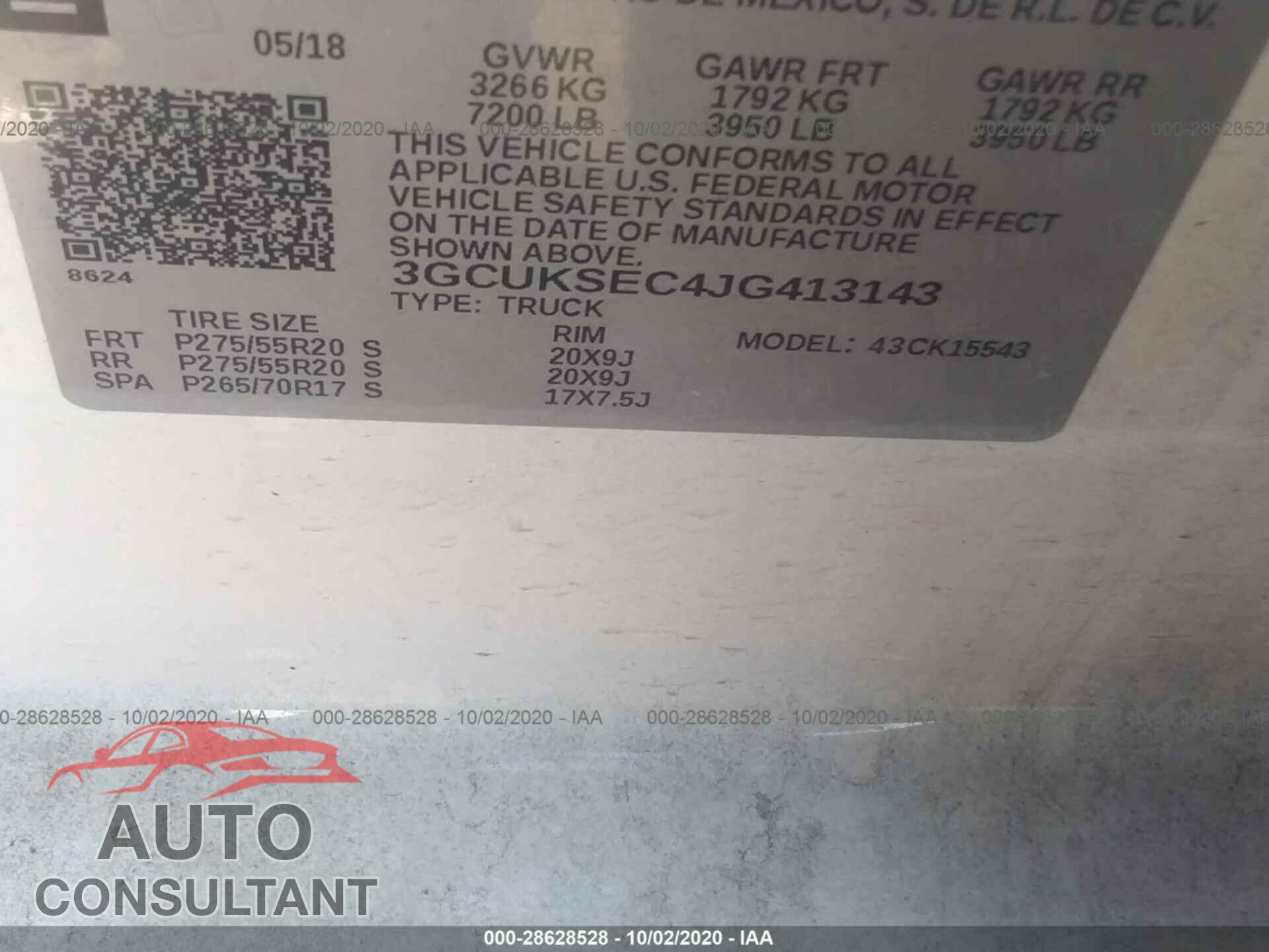 CHEVROLET SILVERADO 1500 2018 - 3GCUKSEC4JG413143