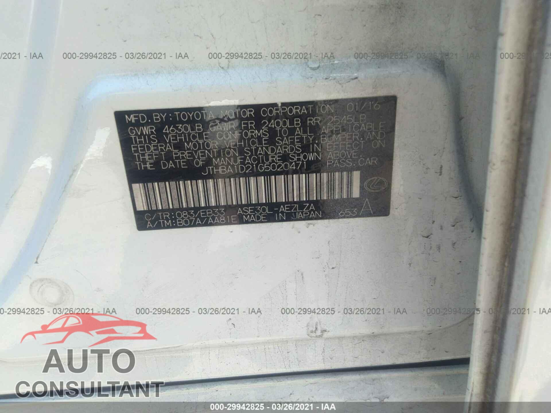 LEXUS IS 200T 2016 - JTHBA1D21G5020471