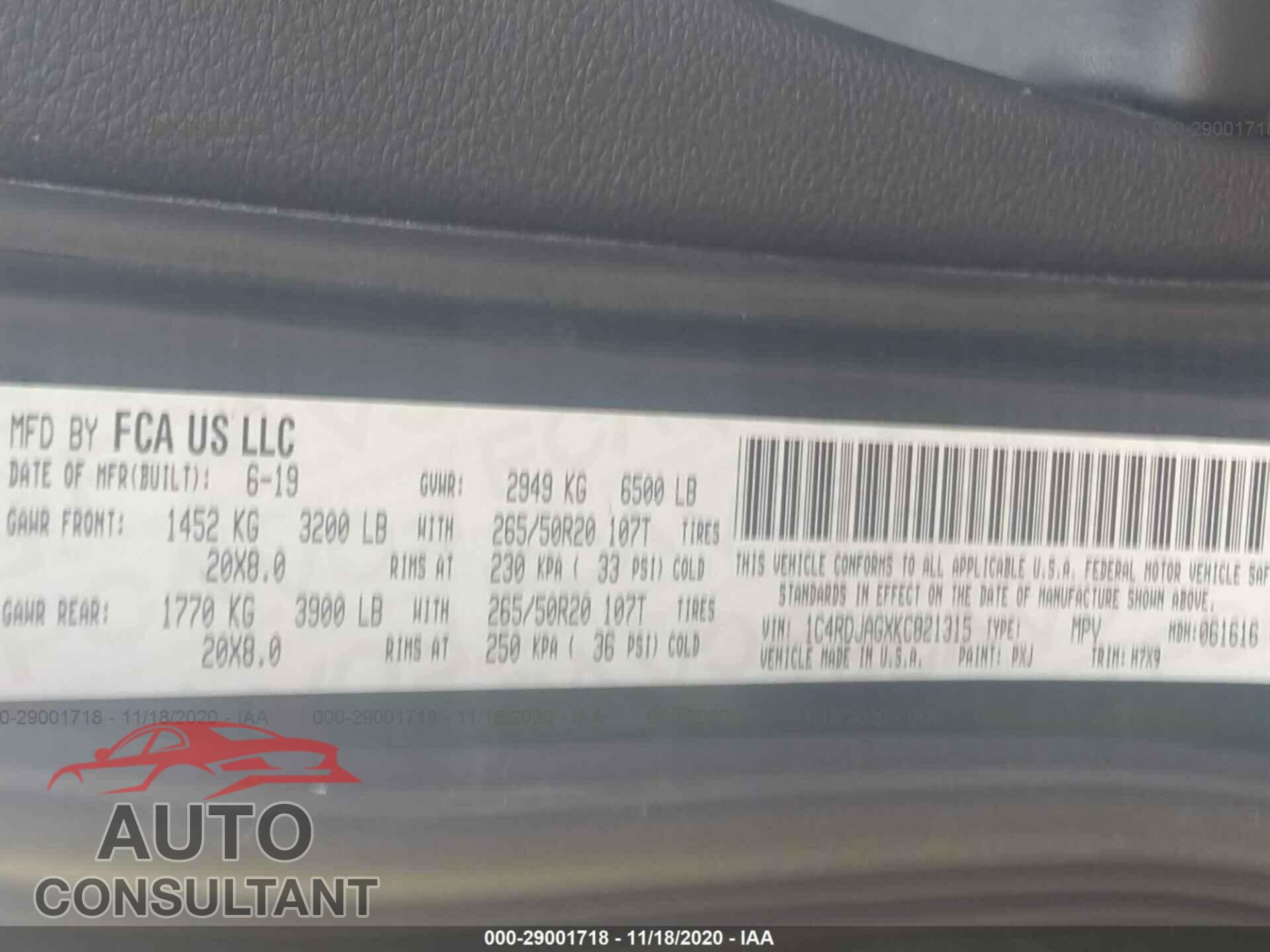 DODGE DURANGO 2019 - 1C4RDJAGXKC821315