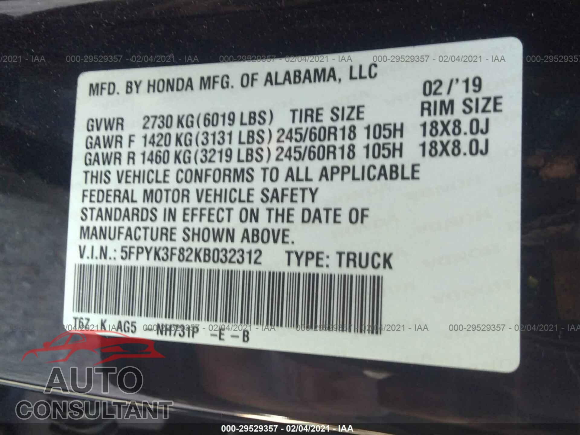HONDA RIDGELINE 2019 - 5FPYK3F82KB032312