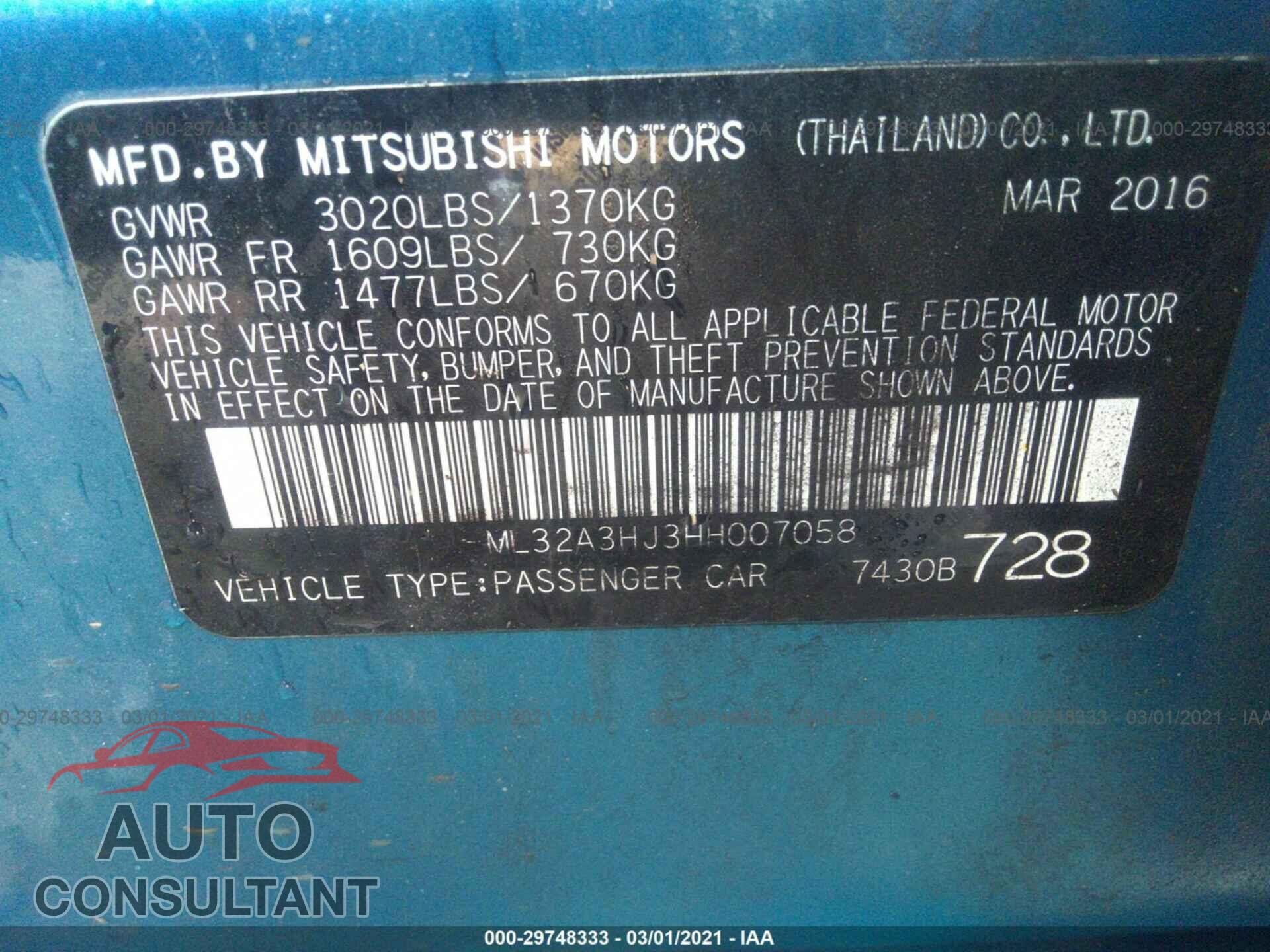 MITSUBISHI MIRAGE 2017 - ML32A3HJ3HH007058